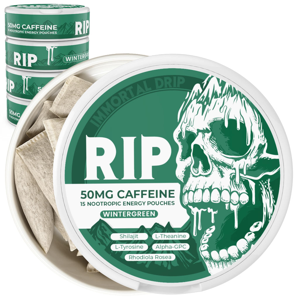 Immortal Drip RIP Nootropic Energy Pouches (Wintergreen) – 5 Cans – 15 Pouches per Can – Clean Energy & Focus Support – 50mg Caffeine, Shilajit, Alpha-GPC, L-Tyrosine, Rhodiola Immortal Drip Au supplements