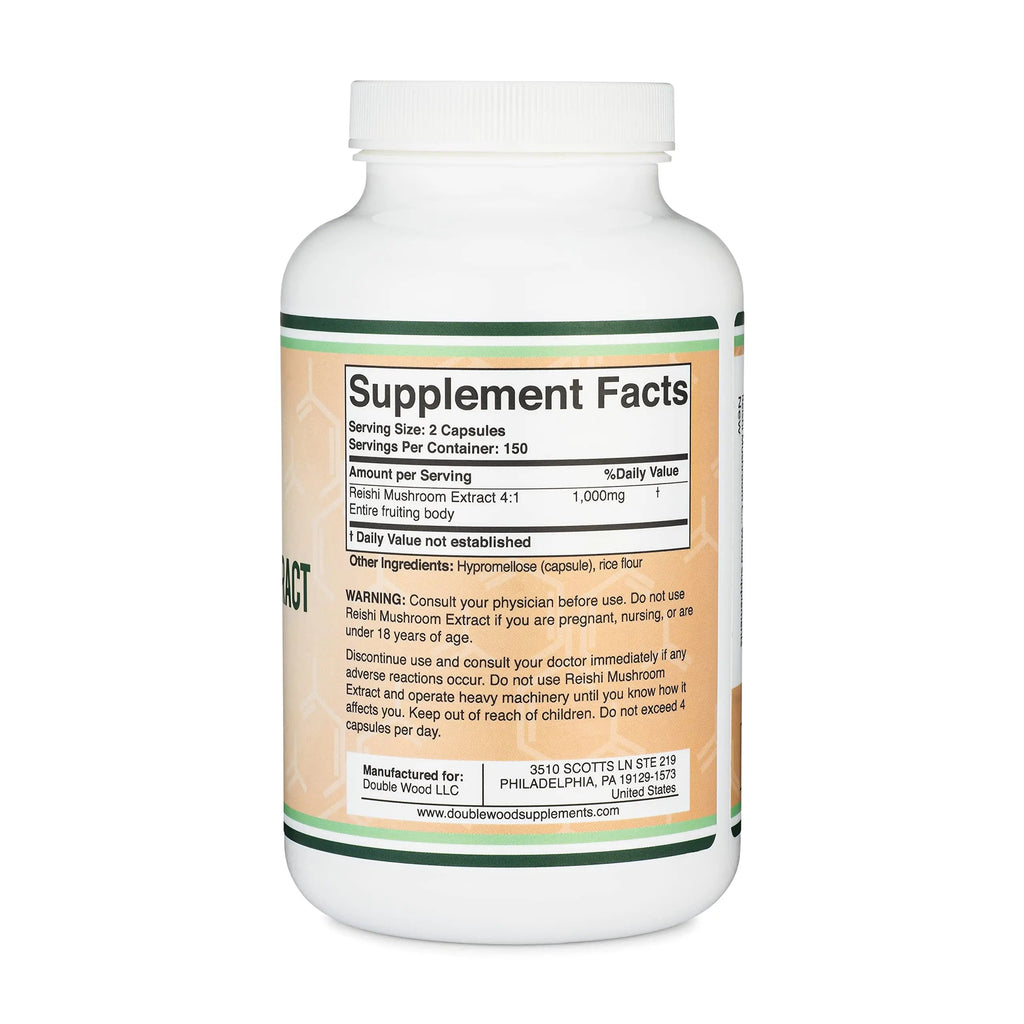Reishi Mushroom Capsules (4:1 Ganoderma Extract, 1,000mg Red Reishi Powder Servings) Double Wood Supplements Au supplements
