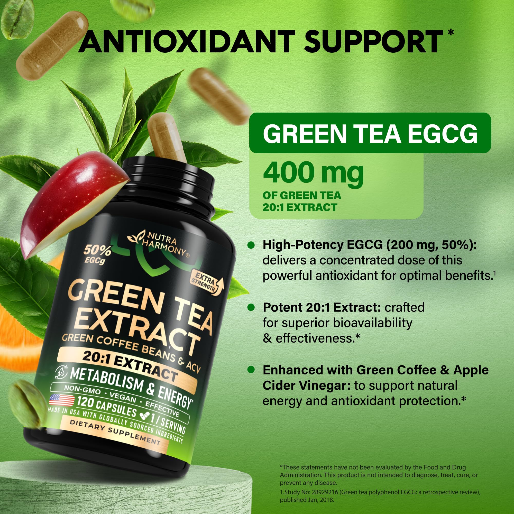 Green Tea Extract - 50% EGCG, Extra Strength 20:1 Extract - Natural Green Tea Supplement + Green Coffee Beans & Apple Cider Vinegar - Energy & Metabolism Support