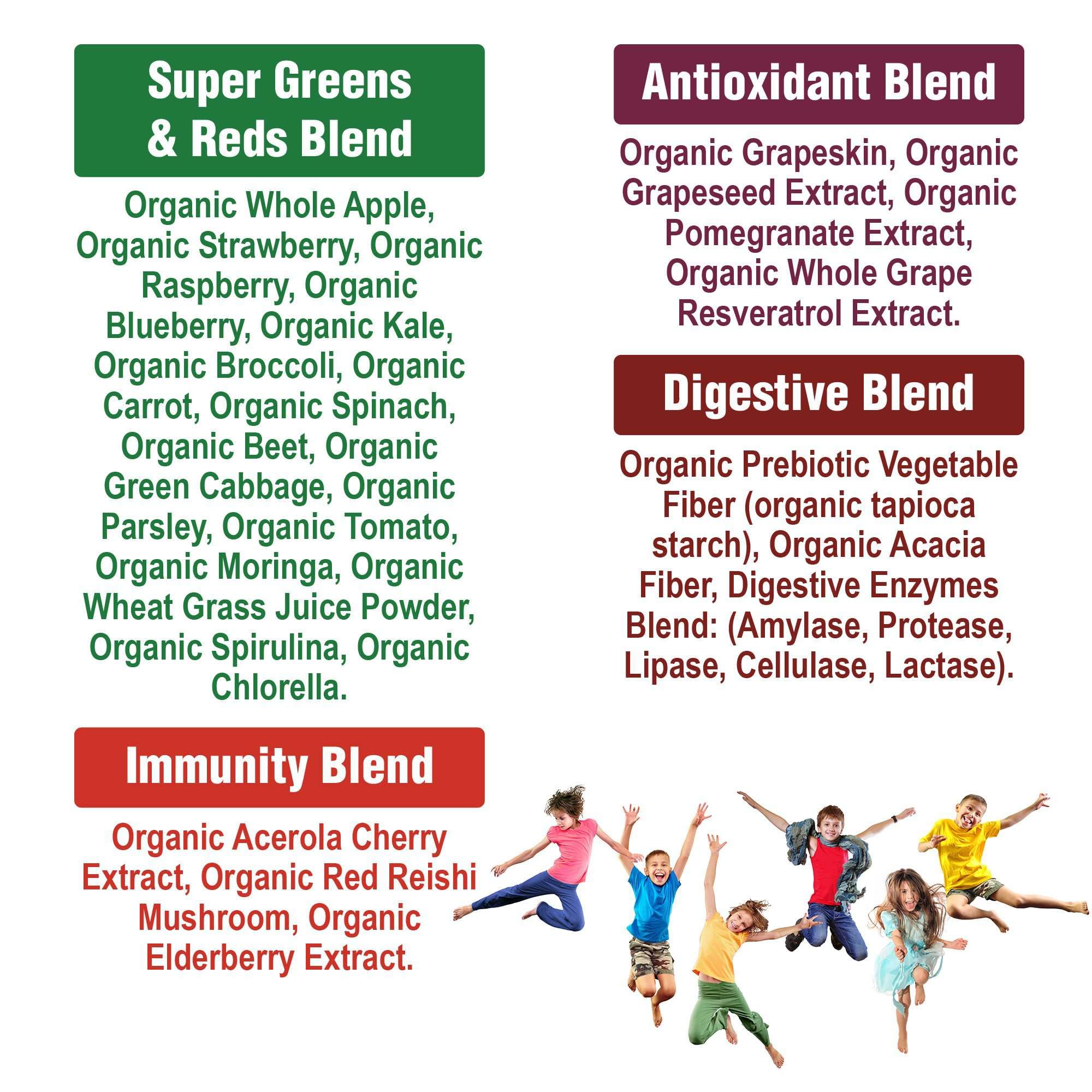 Kids Greens and Reds Superfood Powder. Best Tasting Organic Vegan Super Food Juice with 25+ Real Fruits and Vegetables. Gluten Free Real Food Vitamins. Green and Red Superfoods Supplement for Children Peak Performance Au supplements