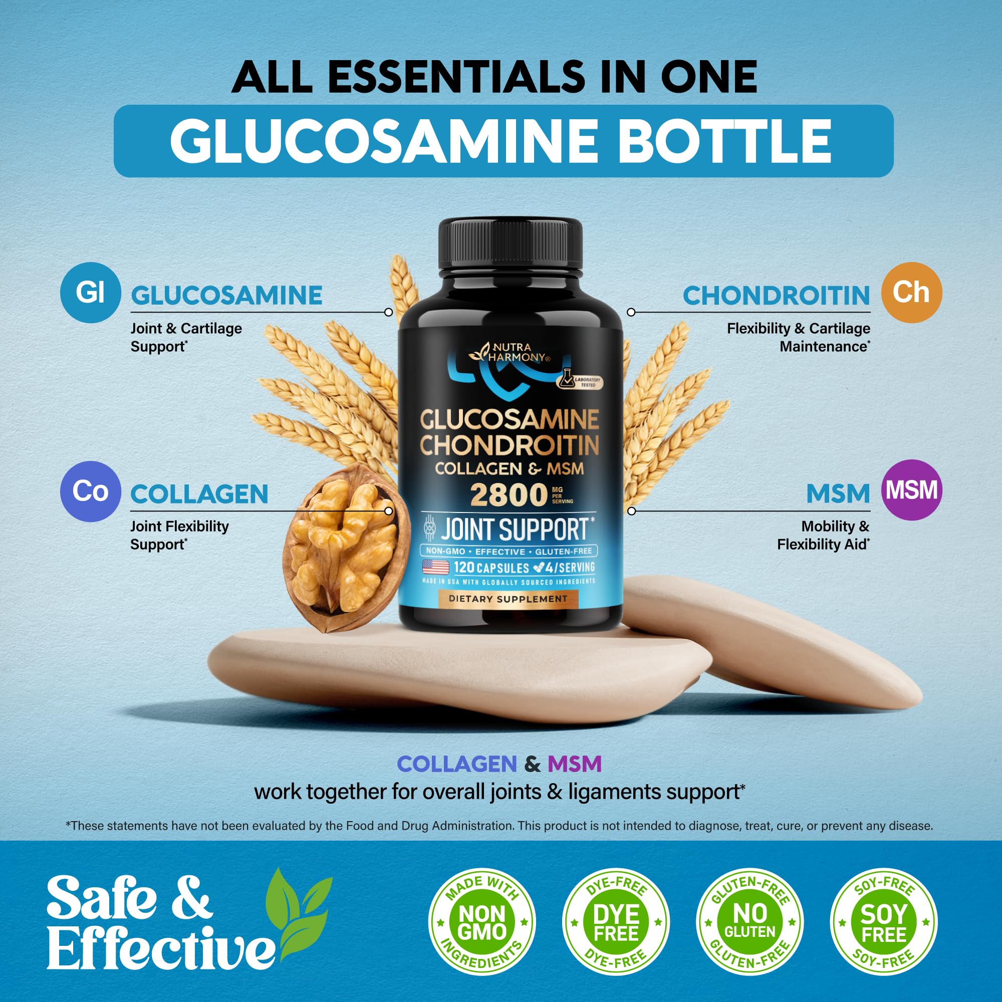 Glucosamine Chondroitin MSM Collagen | HSA | Joint Support Supplement 2800 mg | Made in USA | FSA Approved Product Items | Flexibility Nutritional Vitamins