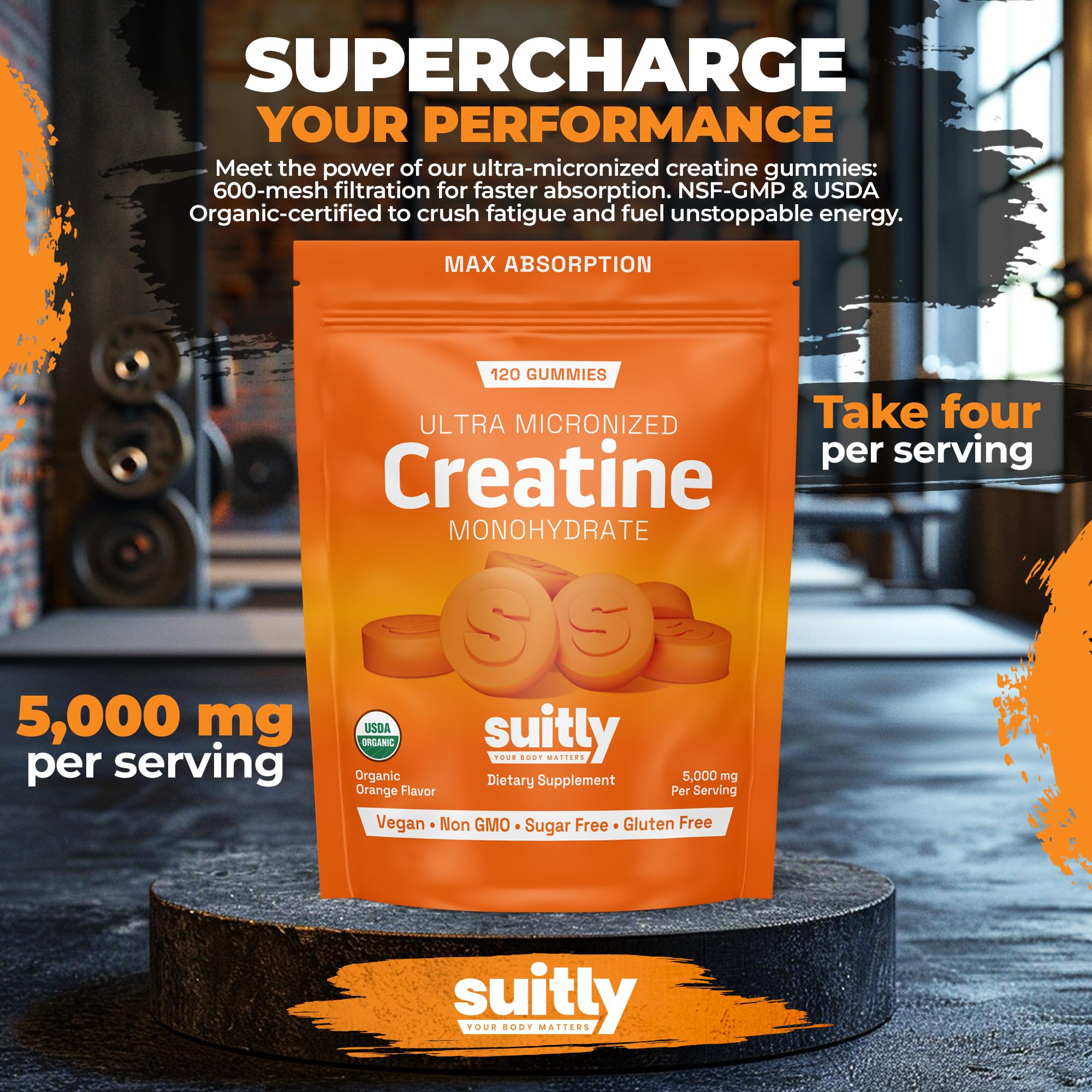 USDA Organic Ultra-Micronized Creatine Gummies for Men & Women; Orange Max Absorption 5g Creatine Gummies Sugar Free for Muscle Gain, Energy & Recovery; Muscle Builder for Women with Pouch - 120 Count Suitly Au supplements