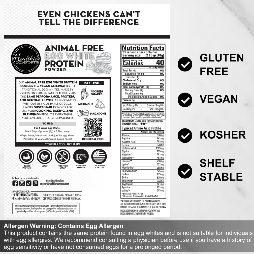 Healthier Comforts Animal-Free Egg White Protein Powder | Make Vegan Egg Omelets, Angel Food Cake, Meringue, Protein Shakes | Whips and Binds Just Like Traditional Egg Whites (8 oz)