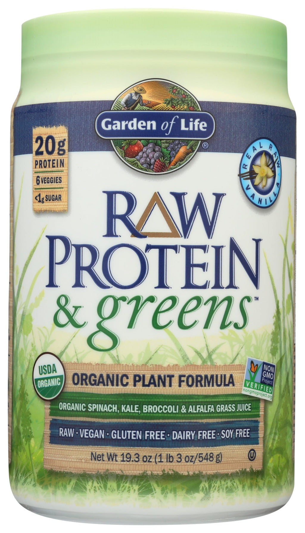 Garden of Life Raw Protein & Greens Vanilla Protein Powder – 20g Plant Based Greens Powder, Probiotics & Enzymes, Post-Workout Recovery, Vegan, Gluten-Free, Non-GMO, 20 Servings
