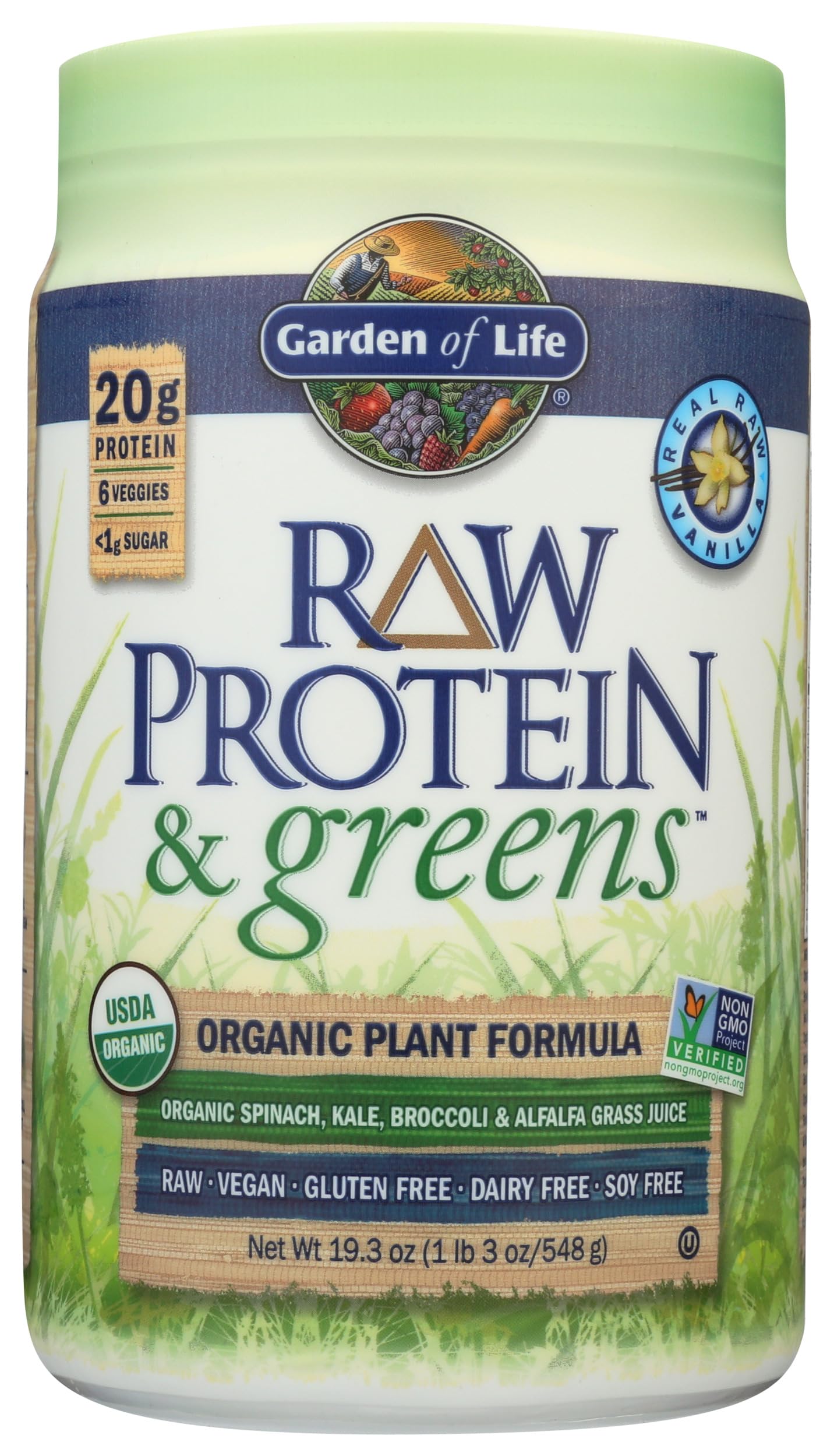 Garden of Life Raw Protein & Greens Vanilla Protein Powder – 20g Plant Based Greens Powder, Probiotics & Enzymes, Post-Workout Recovery, Vegan, Gluten-Free, Non-GMO, 20 Servings