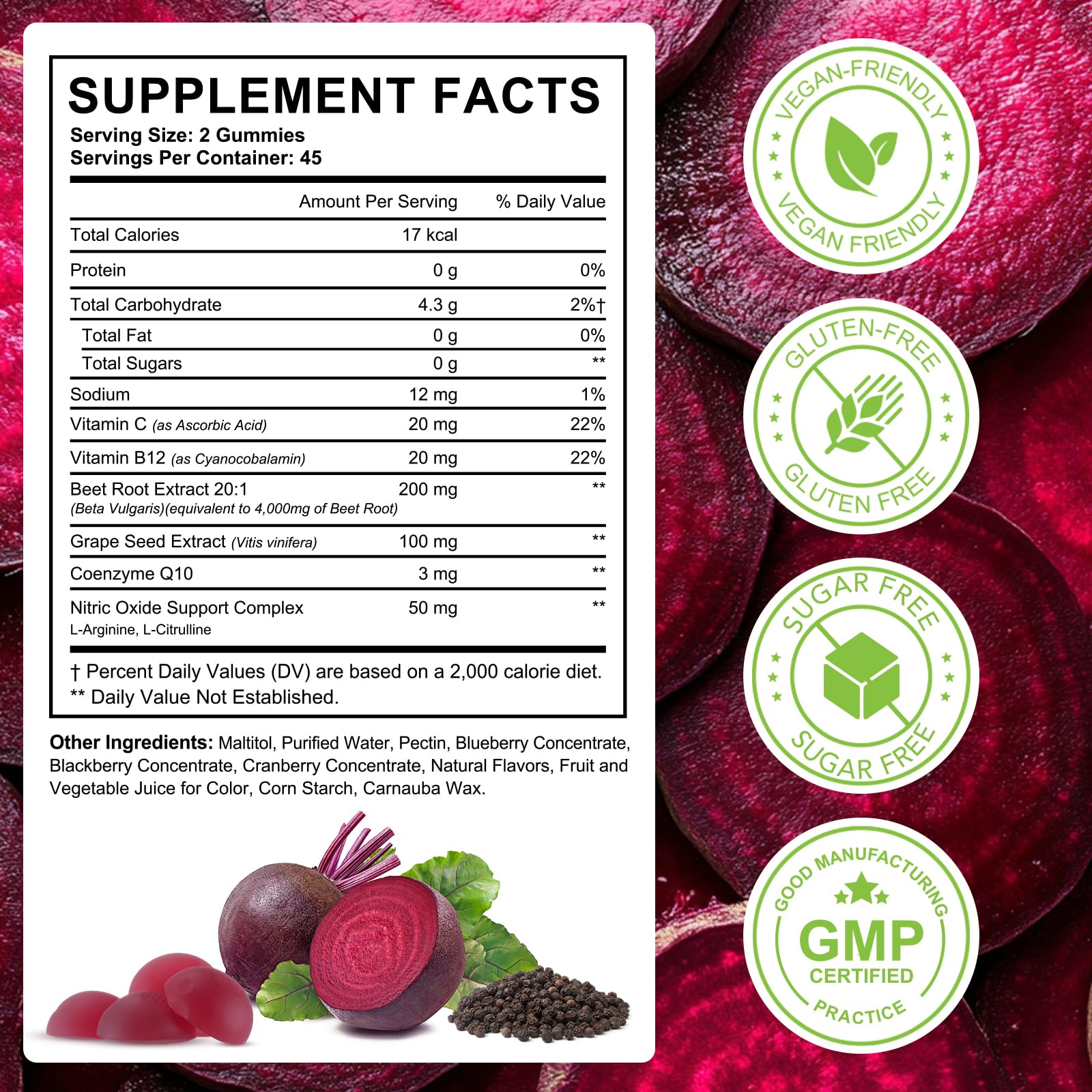 ECHTEYUN Super Beetroot Gummies, 8 in 1 Beet Root 4,000mg with Grape Seed Extract & CoQ10, Sugar Free - 90 Count (1)