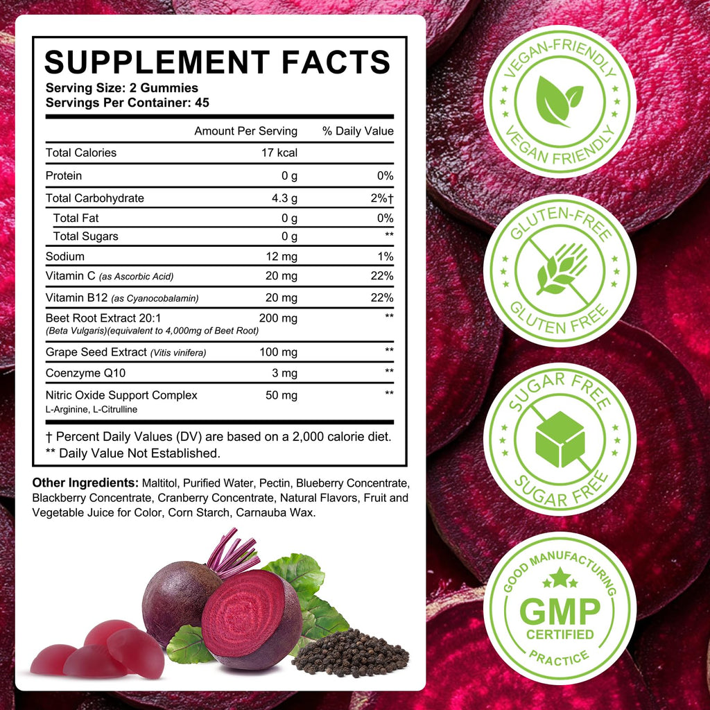 Beet Root Gummies Enriched with 200mg CoQ10 & Beet Root Extract for Blood Pressure, Heart Health Support, Energy Level Suport, Promoting Nitric Oxide