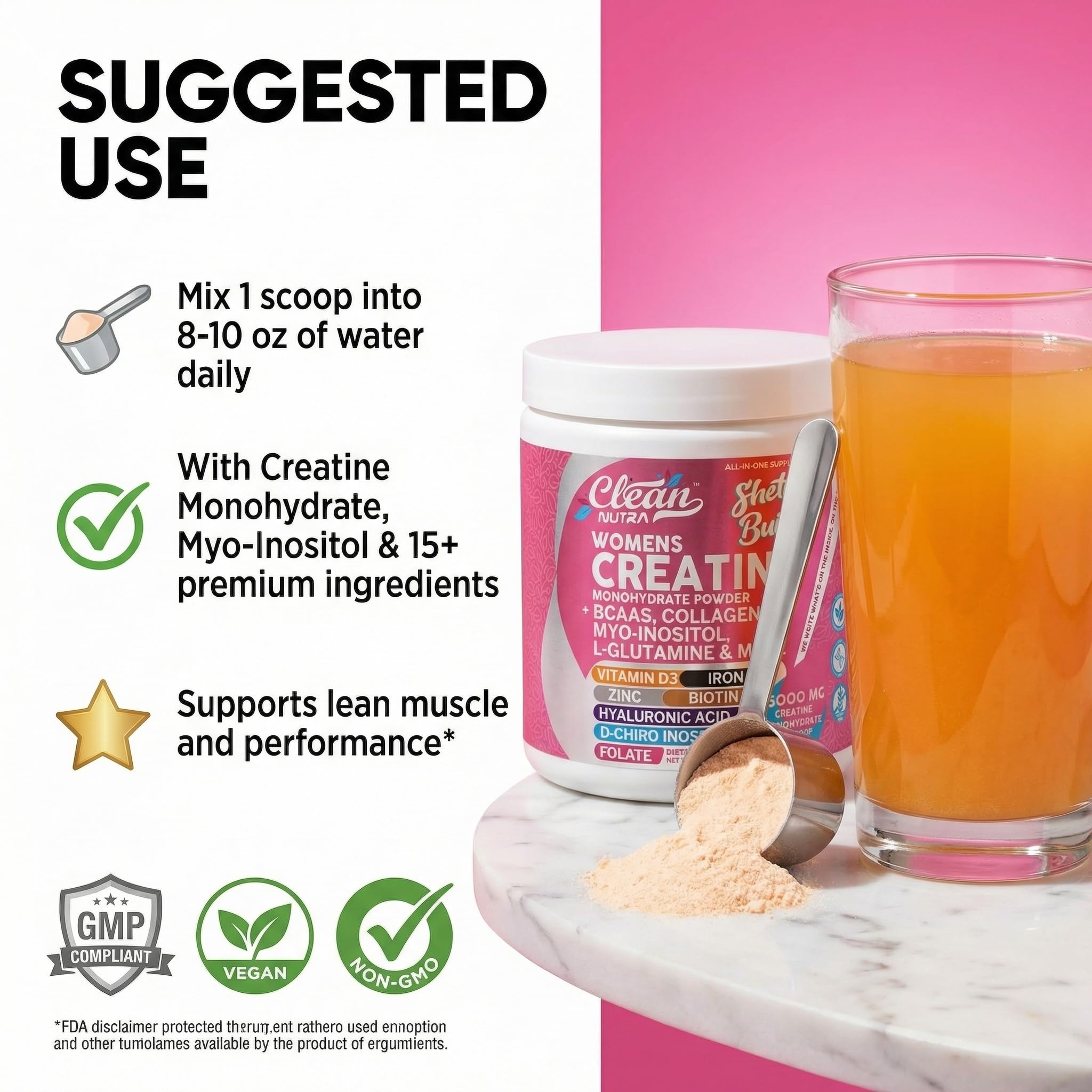 Creatine for Women | Creatine Monohydrate + Powder Myo-Inositol Collagen Biotin Hyaluronic Acid Folate L Glutamine Vitamin D3 Iron Zinc