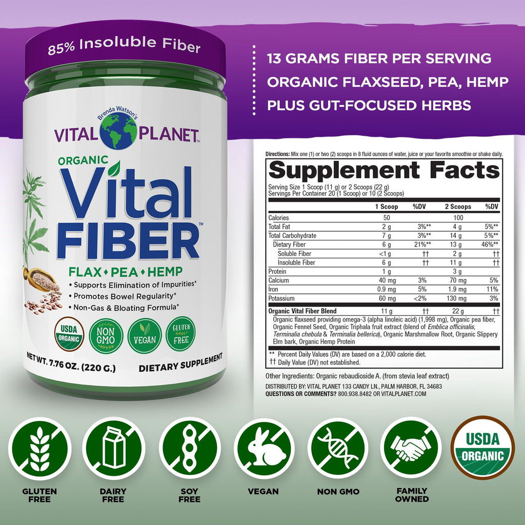 Vital Planet - Vital Fiber Powder, Soluble and Insoluble Fiber Supplement with Flax, Pea and Hemp, Organic Daily Dietary Supplement Supports