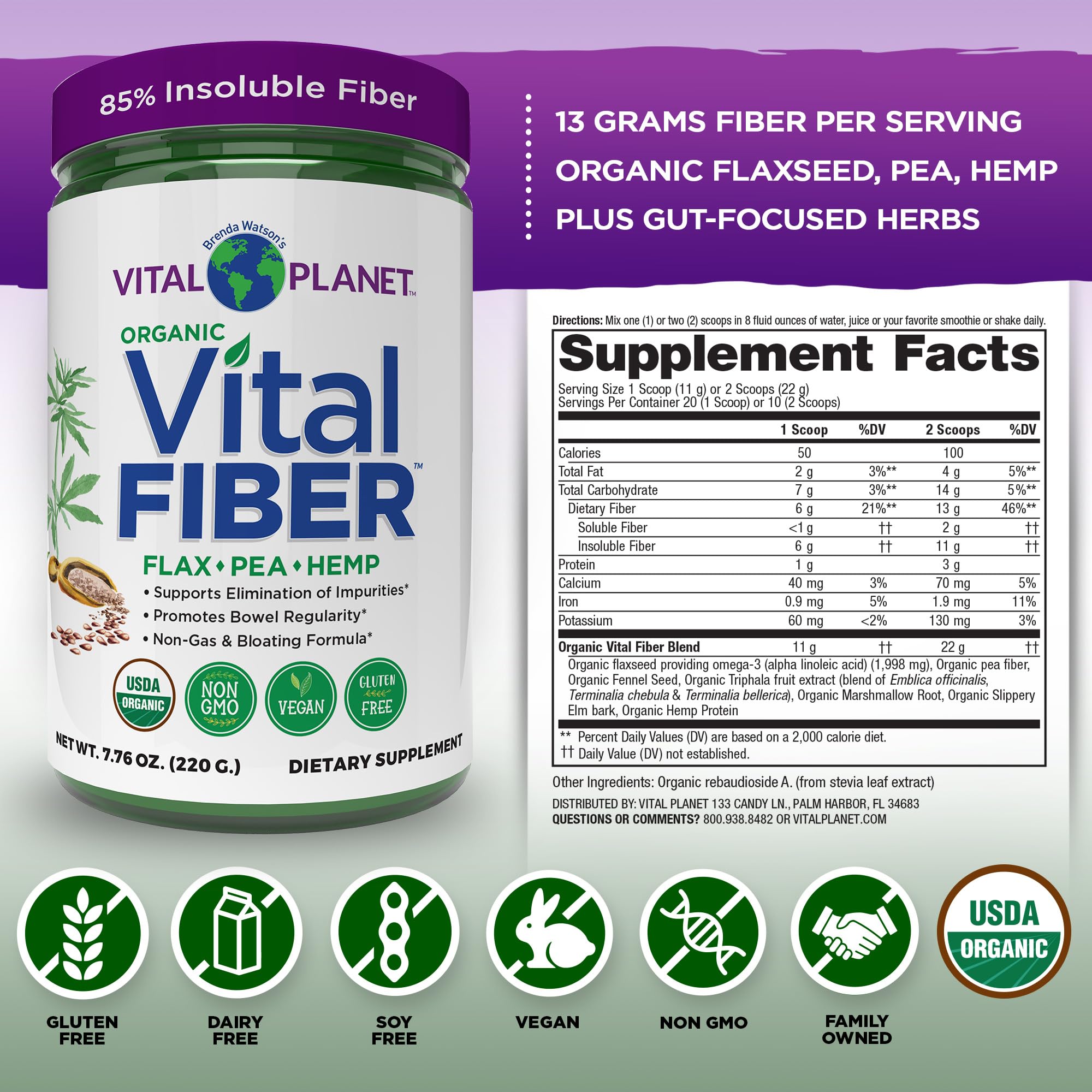 Vital Planet - Vital Fiber Powder, Soluble and Insoluble Fiber Supplement with Flax, Pea and Hemp, Organic Daily Dietary Supplement Supports