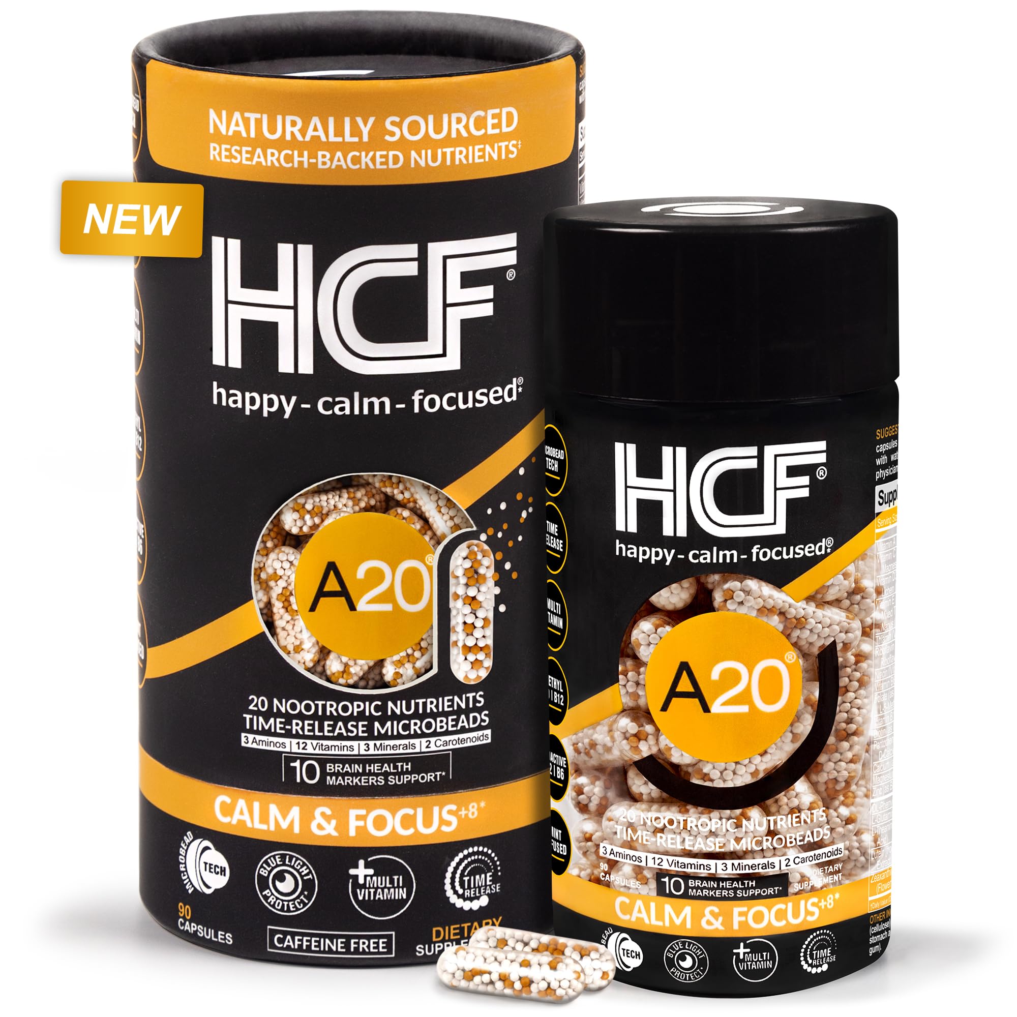 HCF A20 Microbead Brain Health Supplements for Adults for Memory, Focus, Calm, Mood, Alertness, Attention, Vision, Sleep, Immune System, 20 Premium Nootropic Nutrients Multivitamin & 7 Advances® Tech HCF Au supplements