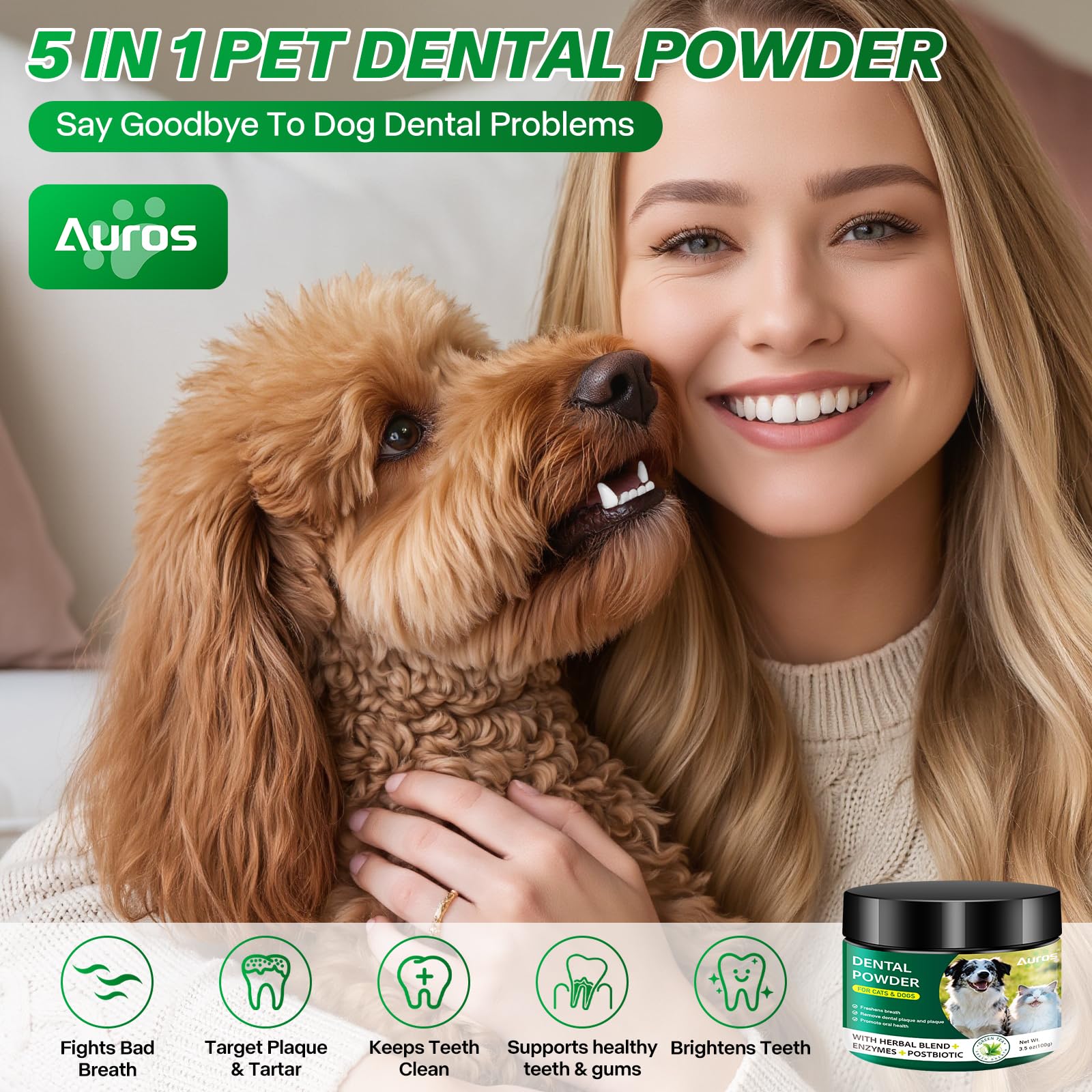 Dog Dental Powder for Teeth Cleaning Plaque & Bad Breath Off, Dental Powder for Dogs Teeth with Natural Herbal Blend & Postbiotics, Dog Teeth Cleaning Powder with Enzymes for Dogs & Cats (3.5oz) AUROS Au supplements