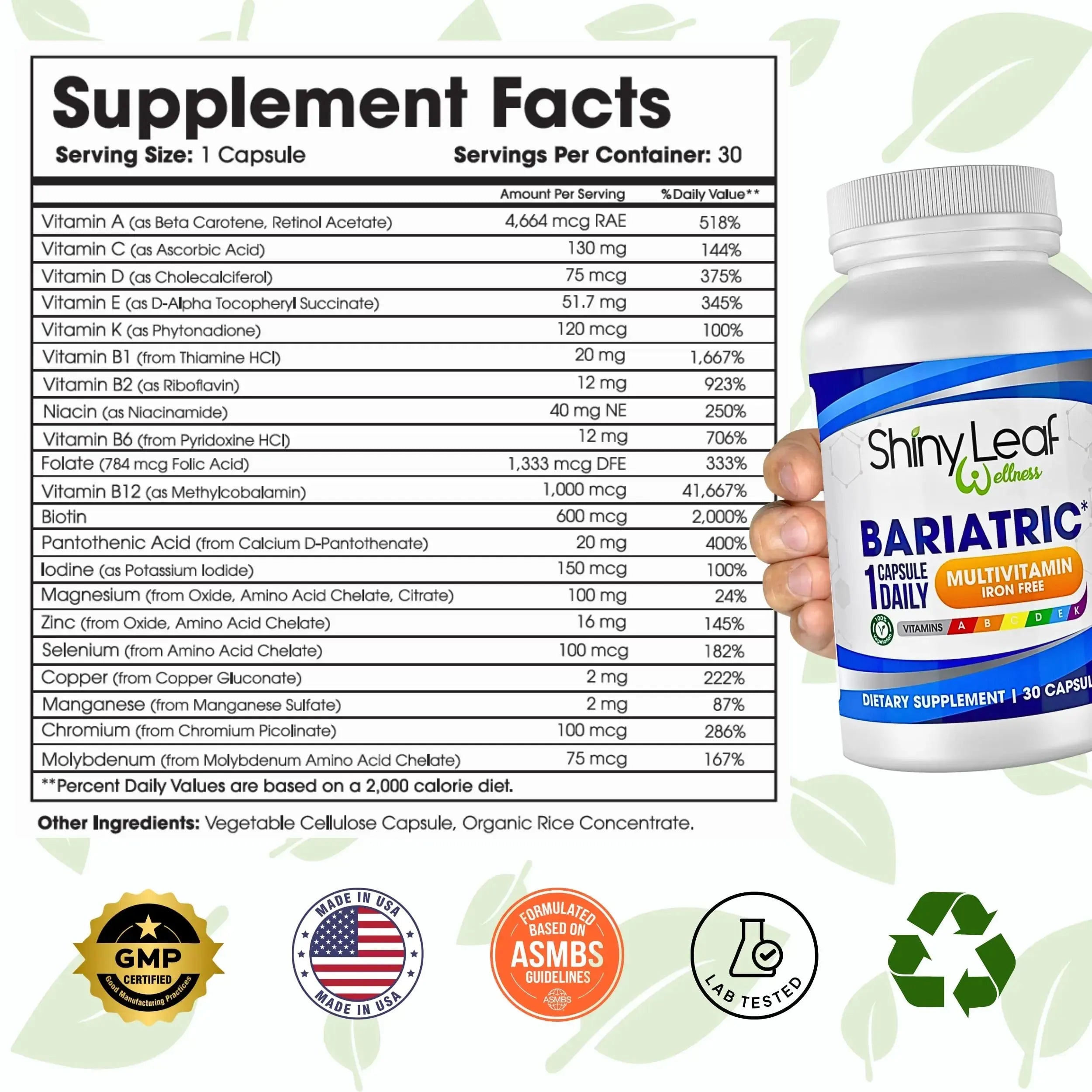 Bariatric Multivitamin Iron-Free One Capsule Per Day and CoQ10 100mg Supplement for Brain Health and Energy Management for Women and Men - 1 Month Supply Shiny Leaf Au supplements