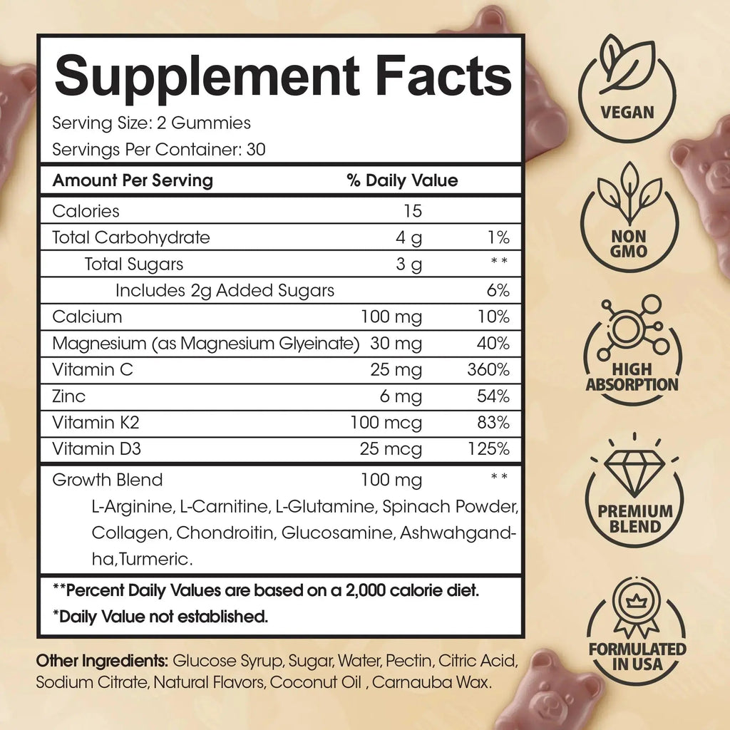 Height Growth Increase Vitamin Gummies, Calcium 100mg, Magnesium Glycinate 30mg, Zinc, Ashwagandha, Vitamin K2 D3 25mg Grow Tall Maximizer Supplement HighSpot Au supplements
