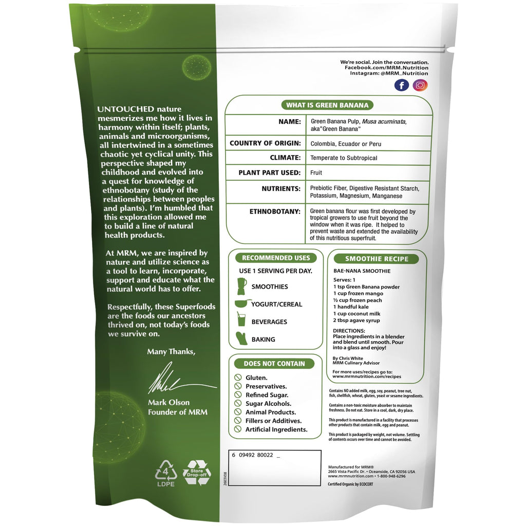 MRM Organic Green Banana Powder Superfood - Prebiotic-Fiber, Digestive Resistant Starch, Flour Alternative for Baking, Cooking and Shakes, Gluten‑Free, Vegan, Non-GMO verified-40 Servings