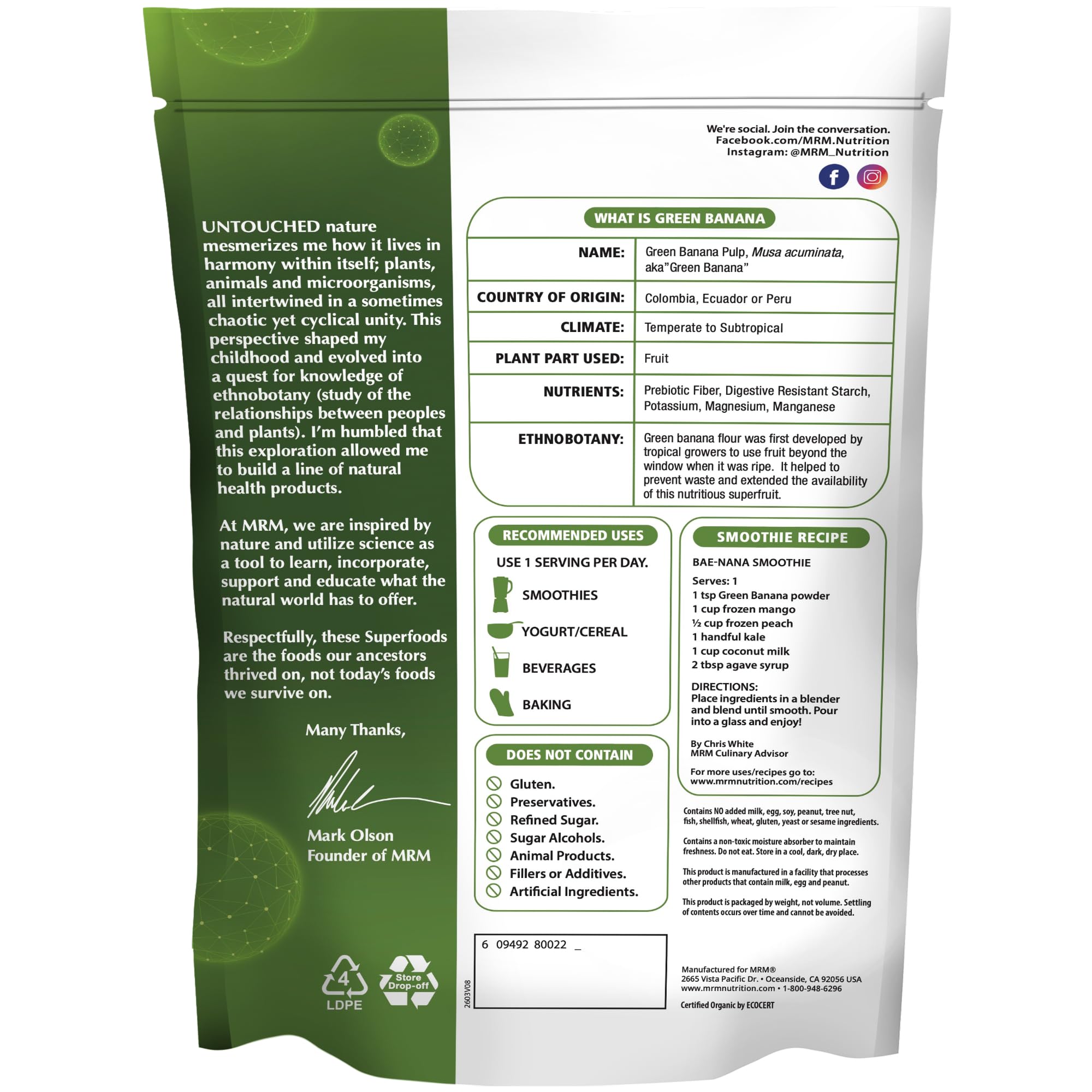 MRM Organic Green Banana Powder Superfood - Prebiotic-Fiber, Digestive Resistant Starch, Flour Alternative for Baking, Cooking and Shakes, Gluten‑Free, Vegan, Non-GMO verified-40 Servings
