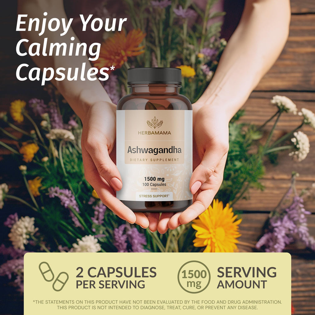 HERBAMAMA Ashwagandha Capsules - 1500mg Pure Ashwagandha Root Focus Supplement - Vegan, Non-GMO Mood & Calm Support Supplement for Adults, 100 Caps HERBAMAMA Au supplements