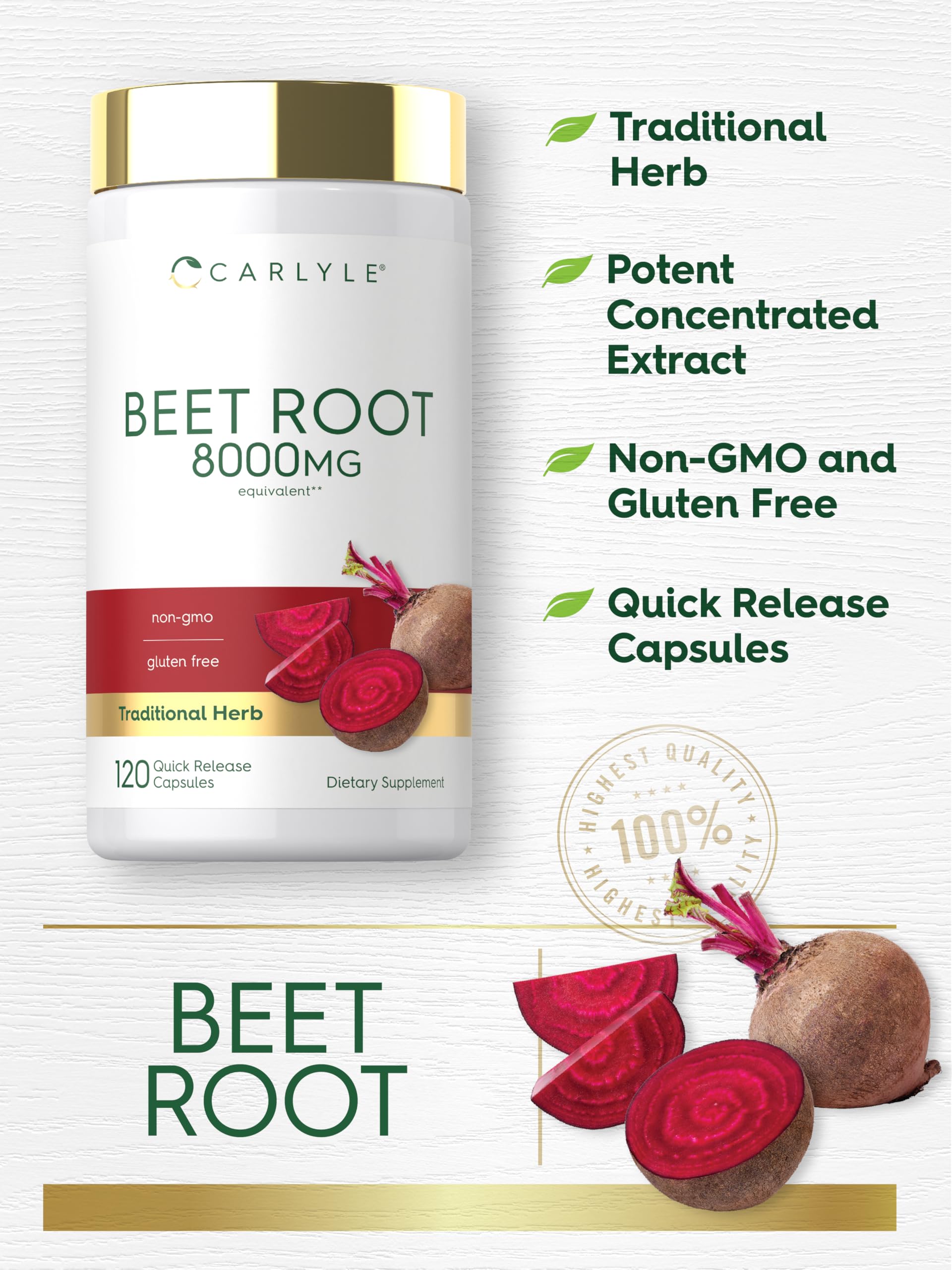 Carlyle Beet Root Capsules | 120 Count | Quick Release Capsules | Non-GMO and Gluten Free Supplement