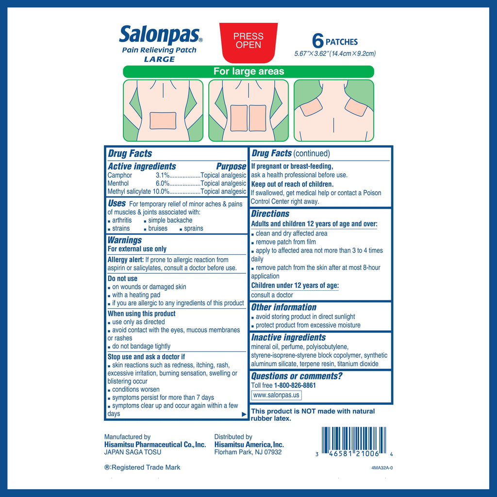 Salonpas Pain Relieving Patch, Large, 6 Count, for Back, Neck, Shoulder, Knee Pain and Muscle Soreness, 8 Hour Pain Relief Salonpas Au supplements