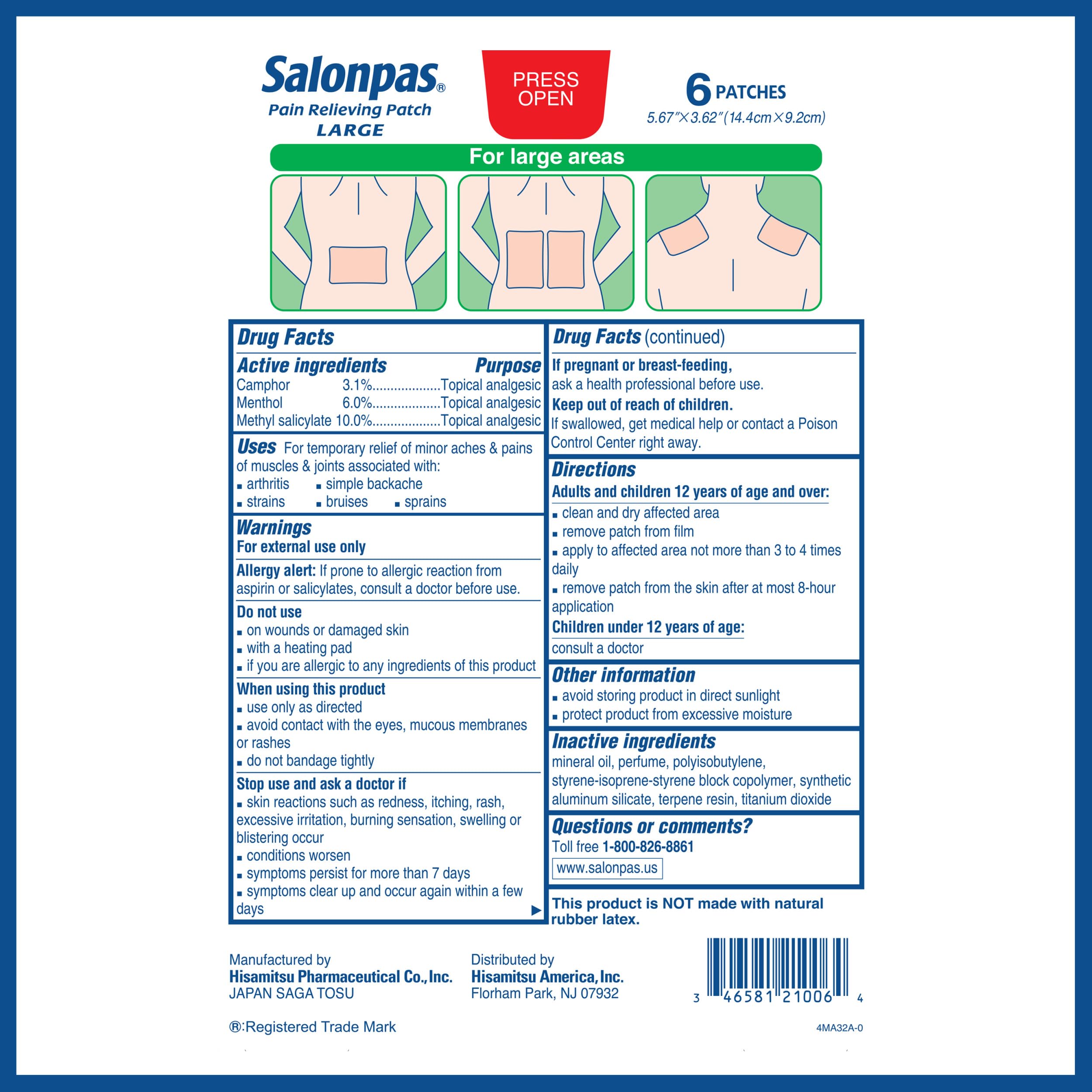Salonpas Pain Relieving Patch, Large, 6 Count, for Back, Neck, Shoulder, Knee Pain and Muscle Soreness, 8 Hour Pain Relief Salonpas Au supplements