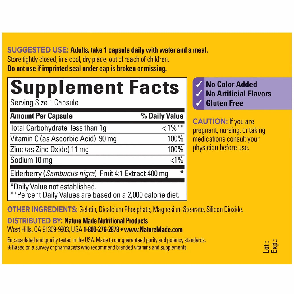 Nature Made Elderberry 400 mg Extract with Vitamin C and Zinc, Dietary Supplement Nature Made Au supplements
