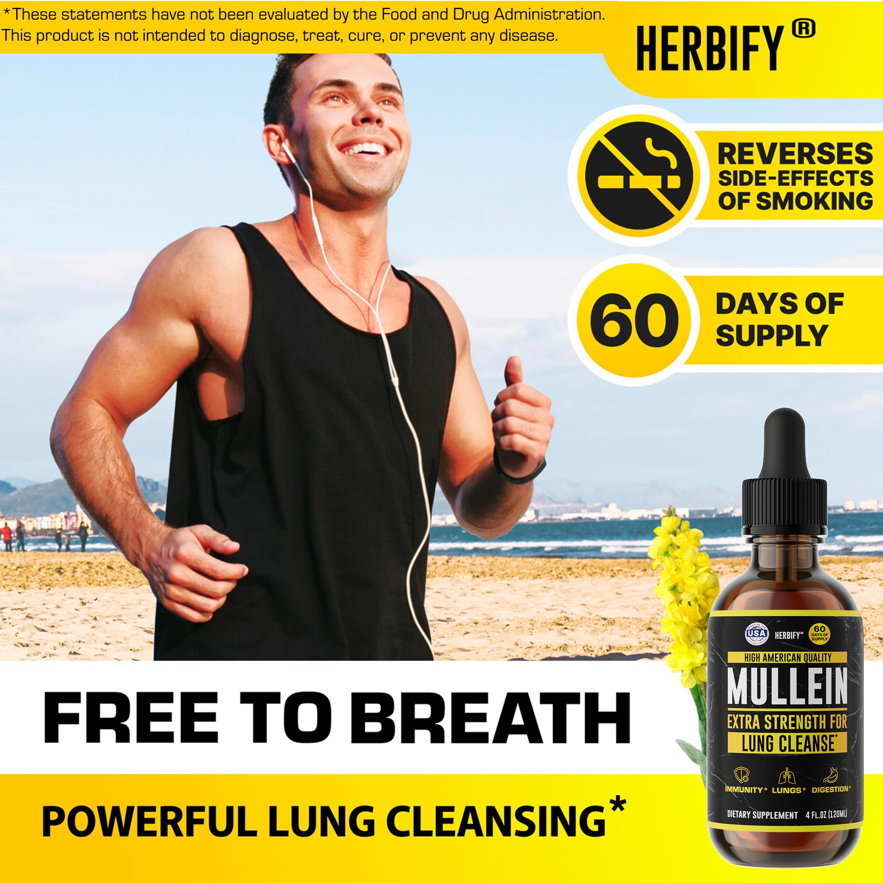 HERBIFY Mullein Drops - Lung Cleanse - Leaf Extract - Powerful Mullein for Immune Support,Detox & Respiratory Support - Made in USA