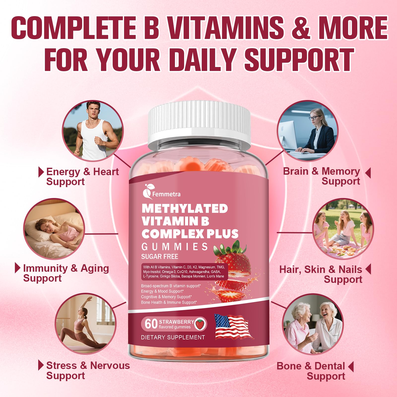 Ultra Methylated Vitamin B Complex Sugar Free Gummies - All B Vitamins + Vitamin C D3 K2 Ashwagandha Magnesium Omega 3 CoQ10 for Women Men - Methyl Vitamin B12