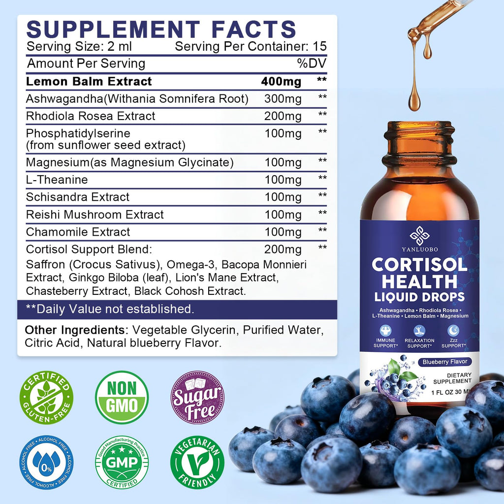 Cortisol Supplements for Women - Cortisol Manager Liquid Drops with Magnesium, Ashwagandha & Rhodiola rosea, L-theanine - Promotes Relaxation & Better Sleep, Mood, Blueberry Flavors, 1FL.OZ(2PC) YANLUOBO Au supplements