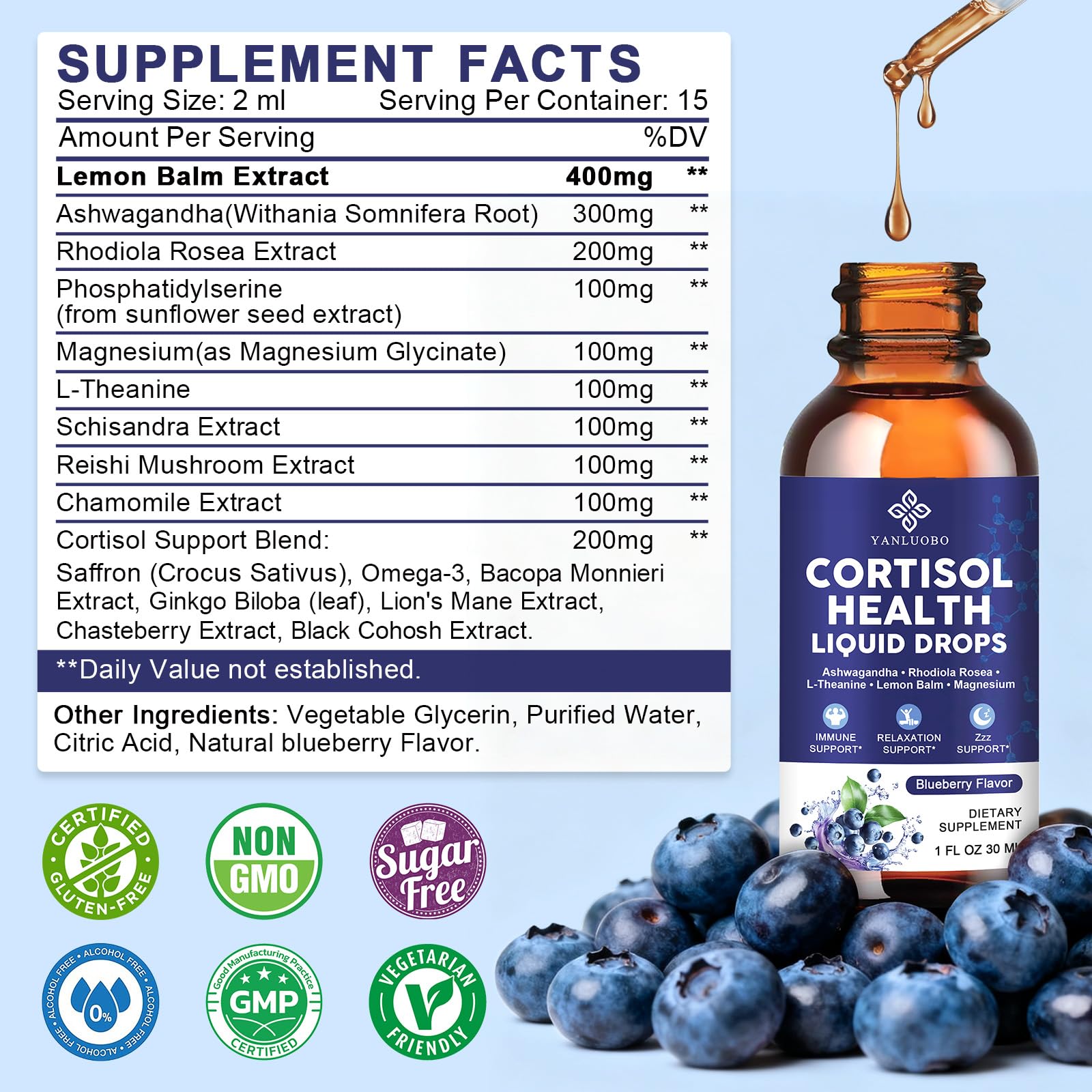 Cortisol Supplements for Women - Cortisol Manager Liquid Drops with Magnesium, Ashwagandha & Rhodiola rosea, L-theanine - Promotes Relaxation & Better Sleep, Mood, Blueberry Flavors, 1FL.OZ(2PC) YANLUOBO Au supplements