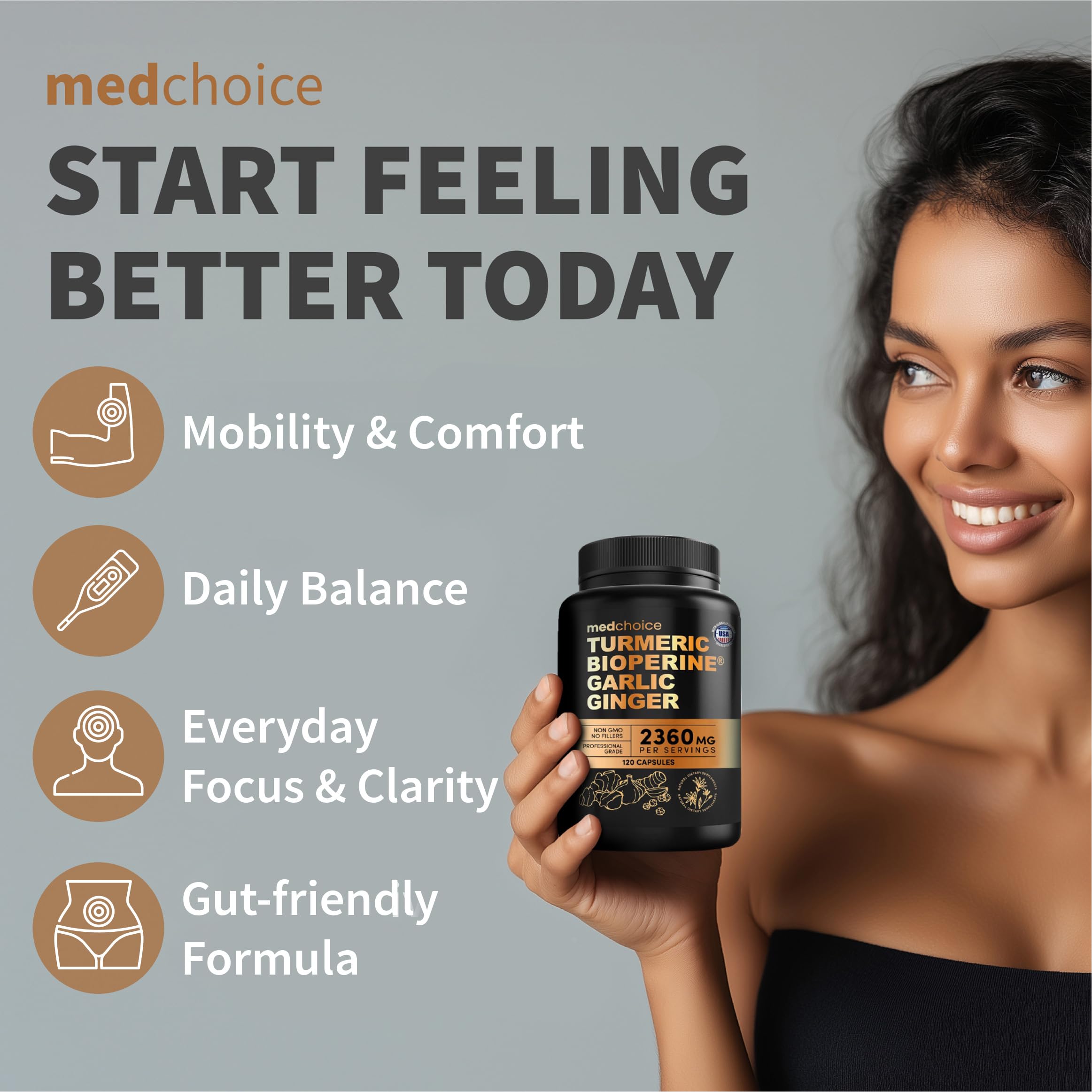 4-in-1 Turmeric Joint Support Supplements with Garlic and BioPerine - 2360 mg High Potency Herbal Blend for Mobility, Everyday Flexibility, Digestive Comfort