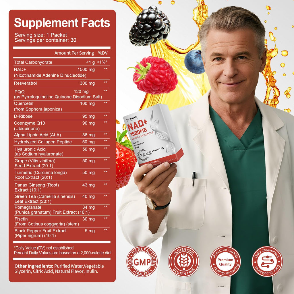 Totaria NAD Liquid Supplement 1500mg for Men & Women, Extra Strength NAD+, Resveratrol, PQQ, CoQ10, 16-in-1 Formula with Nicotinamide Riboside for Anti Aging, Energy, Immune, Focus (30 Packets) Totaria Au supplements