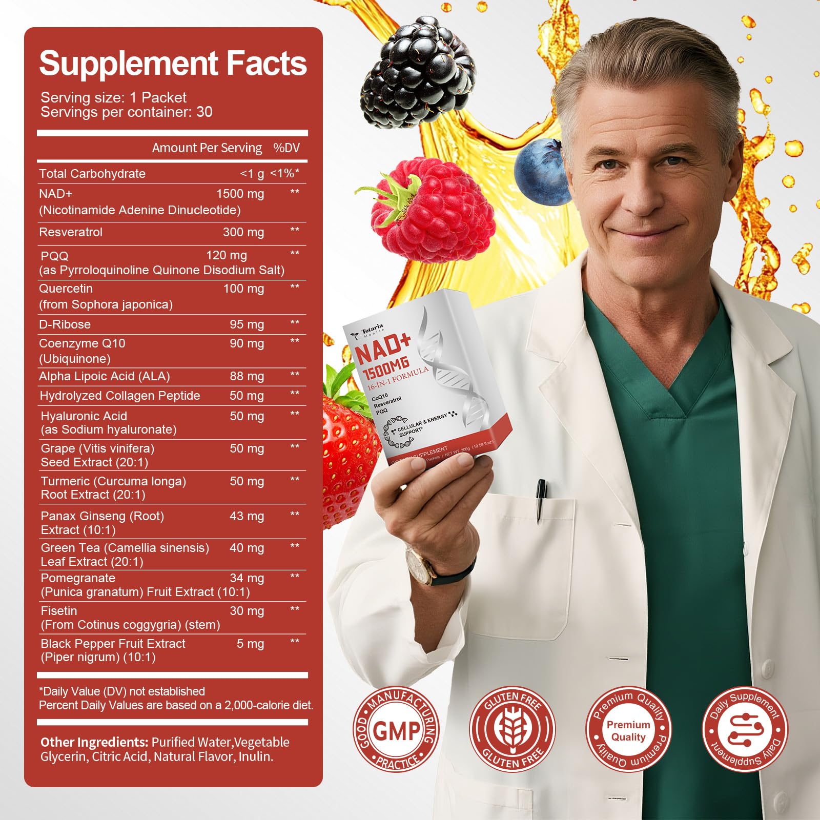 Totaria NAD Liquid Supplement 1500mg for Men & Women, Extra Strength NAD+, Resveratrol, PQQ, CoQ10, 16-in-1 Formula with Nicotinamide Riboside for Anti Aging, Energy, Immune, Focus (30 Packets) Totaria Au supplements