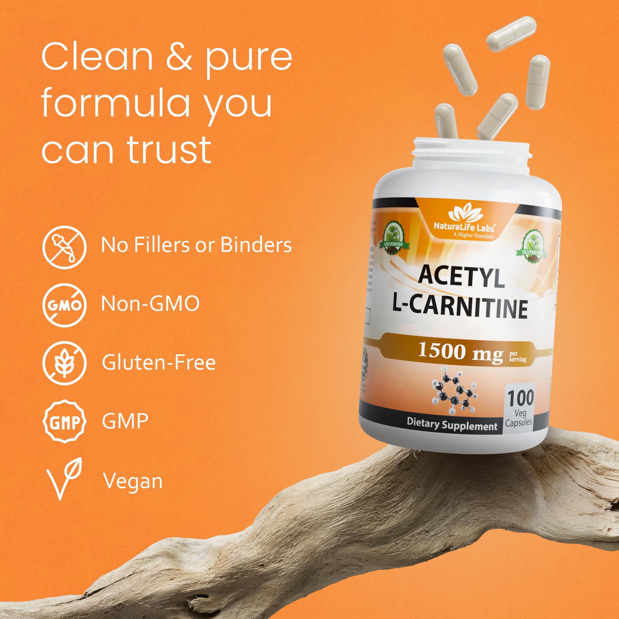 NaturaLife Labs Acetyl L-Carnitine (ALCAR) 1500 mg per Serving – 100 Capsules – Non-GMO, Gluten-Free, Vegan