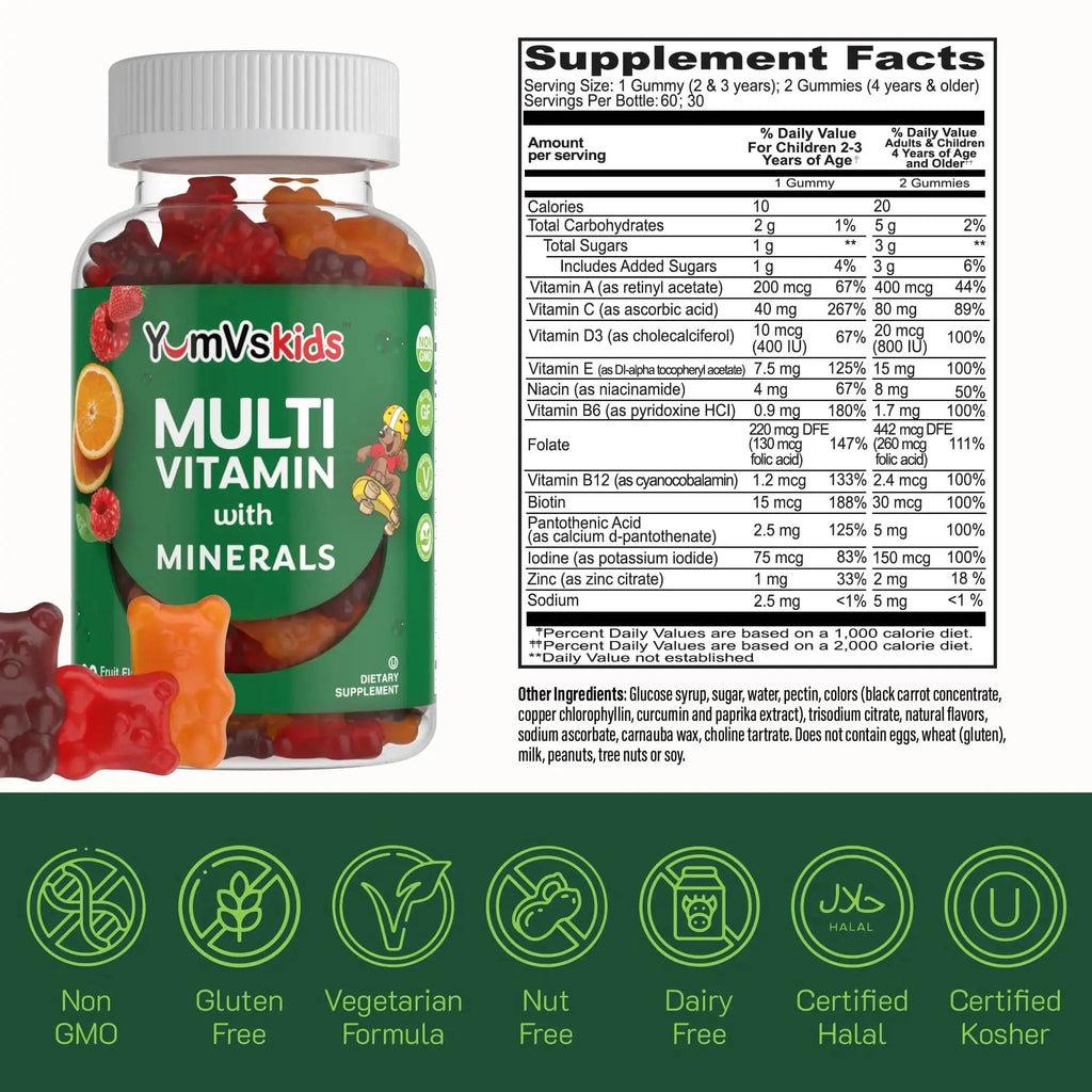 YumVs Kids Multivitamin Gummies - Fruit Flavored Chewable Children's Multivitamin - Kids Vitamins Multivitamin Gummy with 12 Minerals & Vitamins A C D3 E B6 B12 YUM-V'S Au supplements