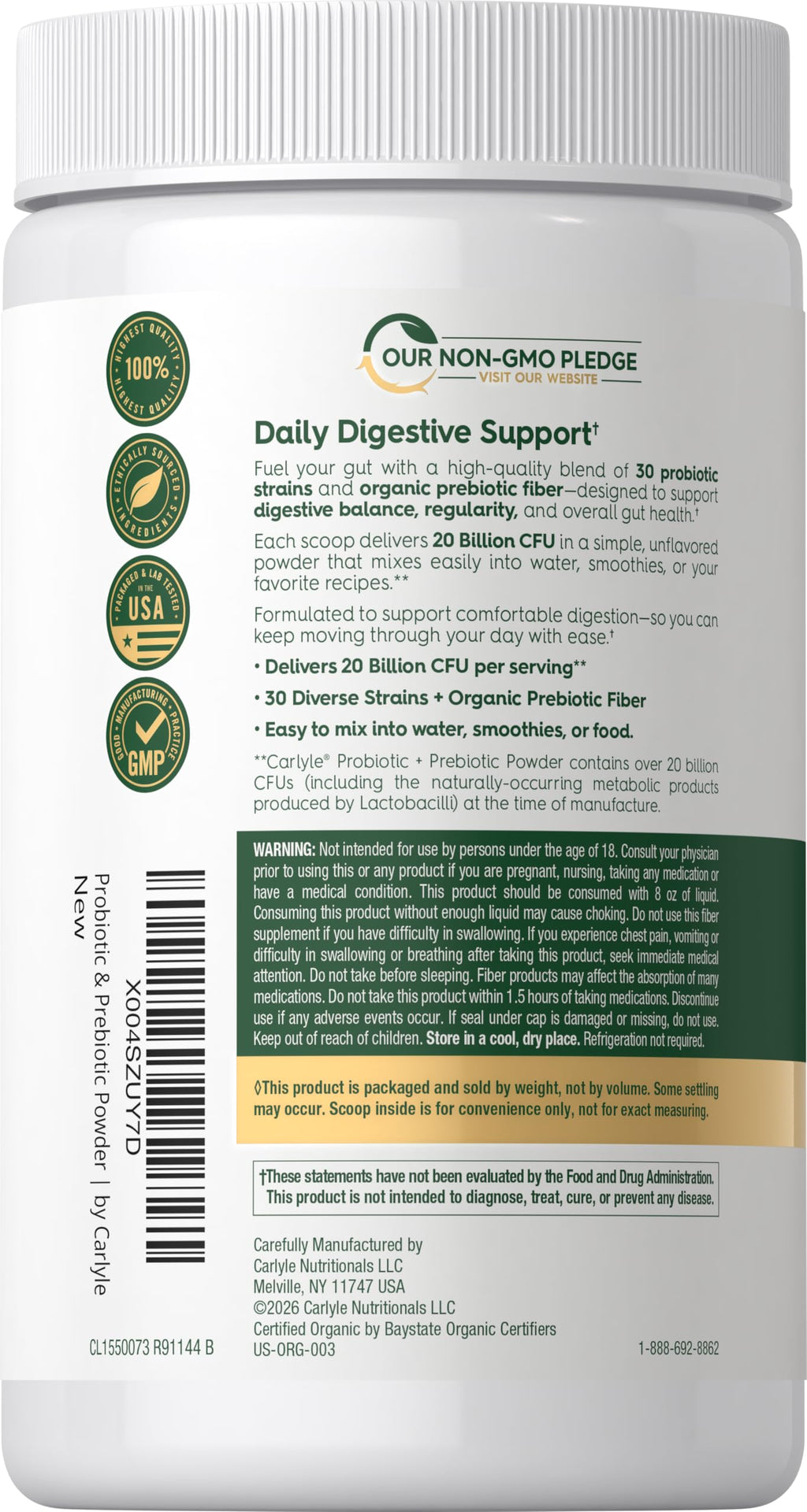 Carlyle Probiotic and Prebiotic Powder | 20 Billion CFU | 4.76 oz | Organic Fiber Blend | for Women and Men | Vegetarian, Non-GMO,