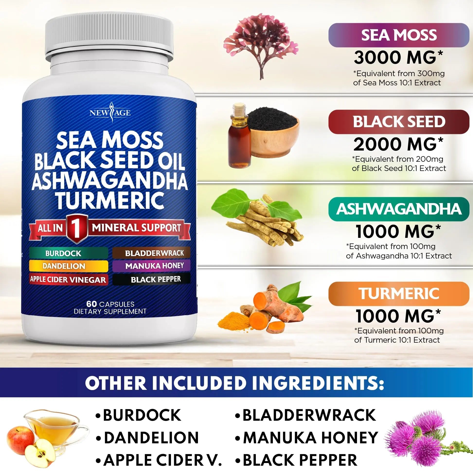 Silica Sea Moss 3000mg Black Seed Oil 2000mg Ashwagandha 1000mg Turmeric 1000mg NEW AGE Au supplements