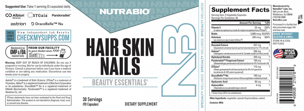 NutraBio Hair Skin Nails Vitamins | Enhanced Collagen Support | Skin Hydration | Hair Growth Vitamins for Women with Biotin, Keratin, Hyaluronic Acid & More - 90 Capsules NutraBio Au supplements