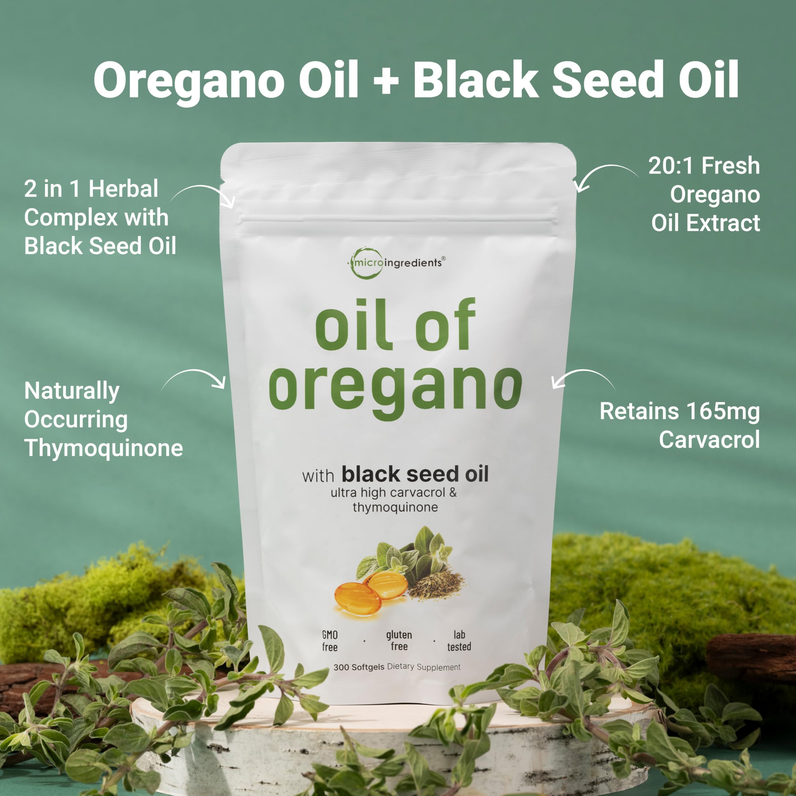 Micro Ingredients Oil of Oregano Softgels, 300 Count | 2 in 1 Formulated | 4X Strength Carvacrol & Thymoquinone | Plant Based, Non-GMO