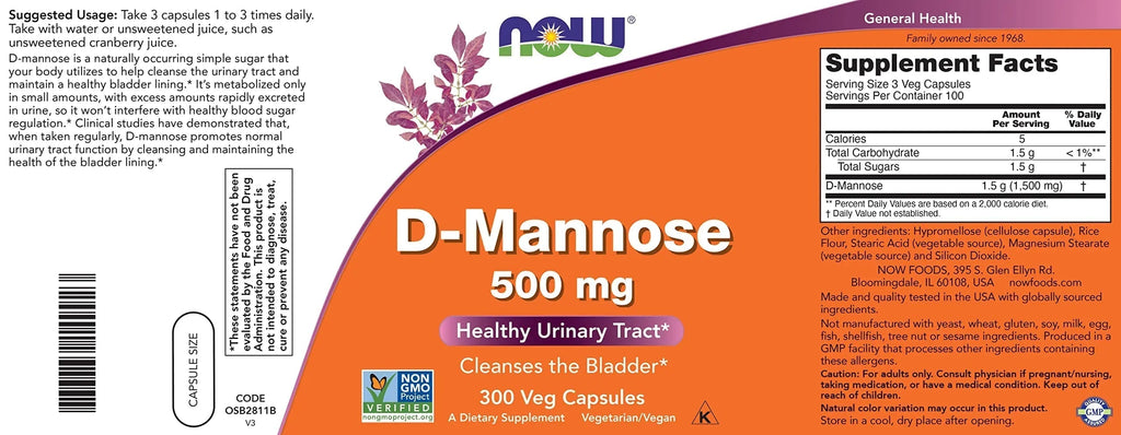 Now D-Mannose 500 mg, 300 Capsules - Vegan, Non GMO Supplement for Women and Men - Supports Healthy Urinary Tract, Cleanses The Bladder NOW Foods Au supplements