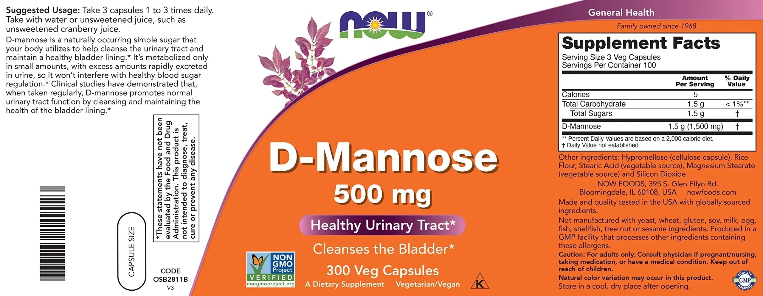 Now D-Mannose 500 mg, 300 Capsules - Vegan, Non GMO Supplement for Women and Men - Supports Healthy Urinary Tract, Cleanses The Bladder NOW Foods Au supplements