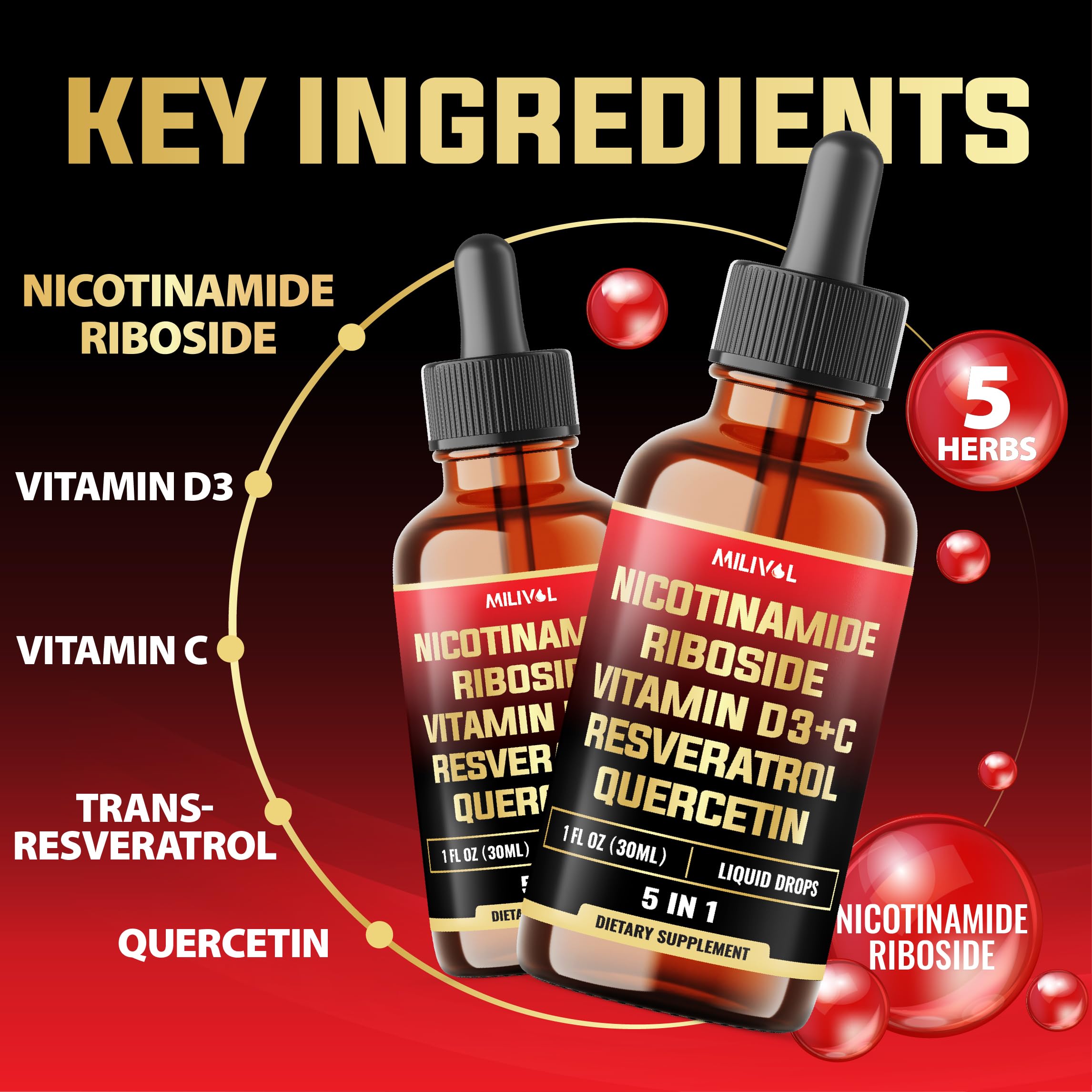 MILIVOL 5in1 NAD+ Liquid Drops w/Nicotinamide Riboside NR 900mg, Quercetin 500mg, Trans-resveratrol 500mg, Vitamin D3-C - Cellular Energy & Repair, Vitality, Healthy Aging - 1FL Oz - 1 Month Supply MILIVOL Au supplements
