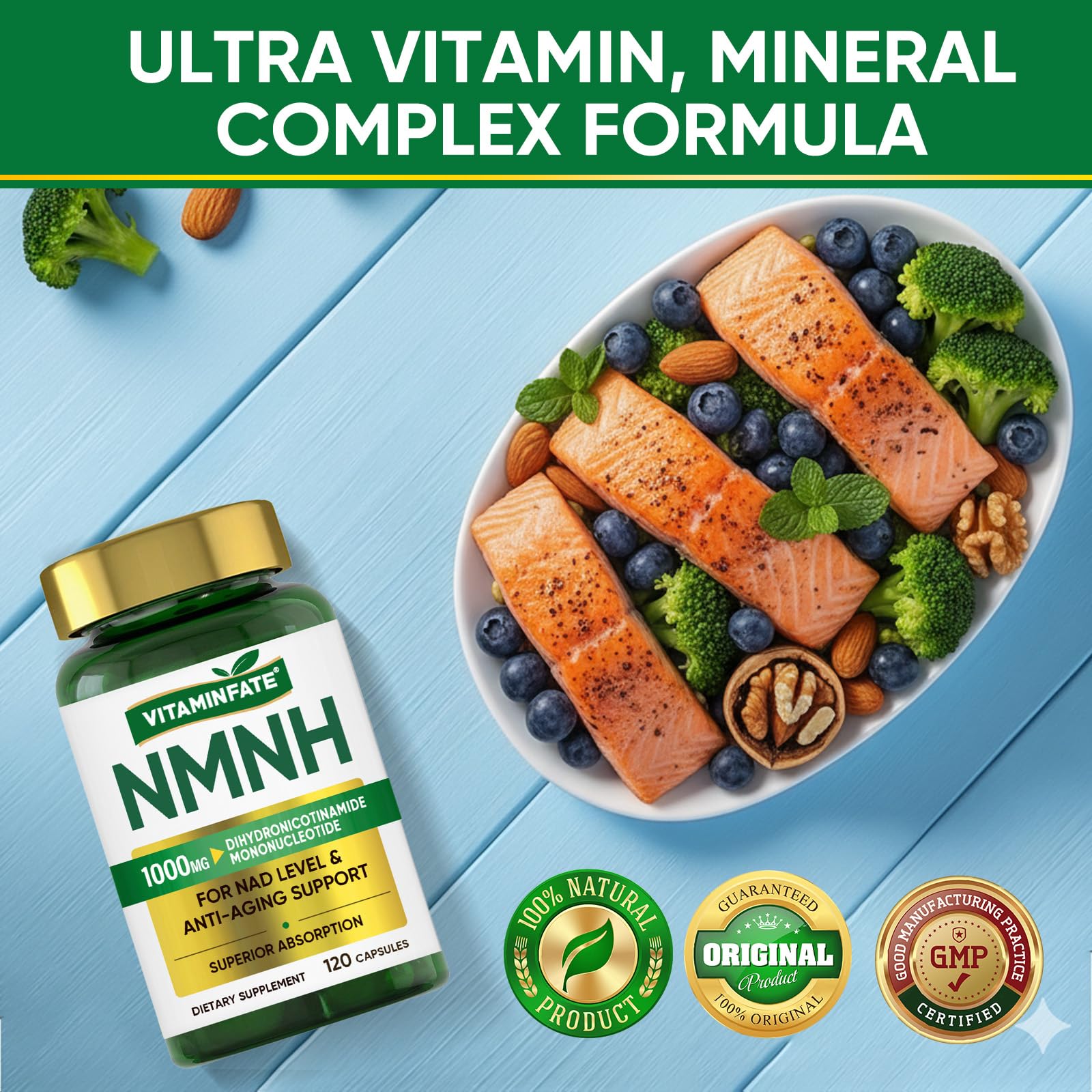 VITAMINFATE NMNH Supplement 1000 mg - 120 Capsules | NMN Alternative | Supports Anti-Aging, Cellular Energy and Repair, Metabolism & Brain Boost VITAMINFATE Au supplements