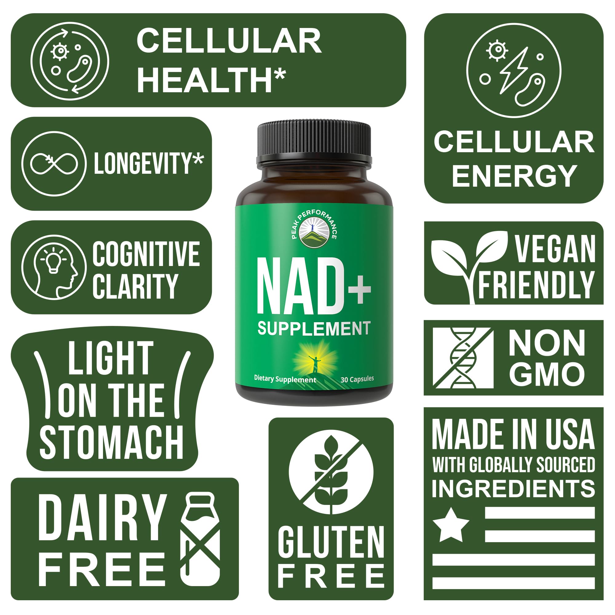 Ultra High Purity NAD Supplement for Women and Men. NAD+ Similar to Nicotinamide Riboside. Supports Energy, Brain Function, Healthy Aging & Longevity. Third Party Tested Non-GMO Supplements Peak Performance Au supplements
