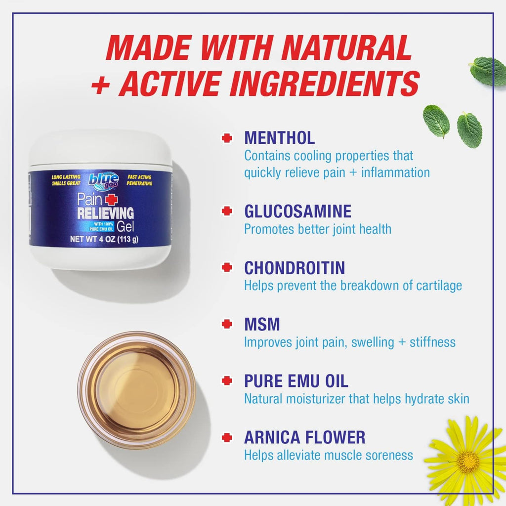 Blue Goo Pain Relieving Gel – Relief for Back, Neck, Muscle and Joint Pain, Fast-Acting Cooling and Soothing Relief with 100% Pure Emu Oil, 4 oz (1 Pack) Blue Goo Au supplements