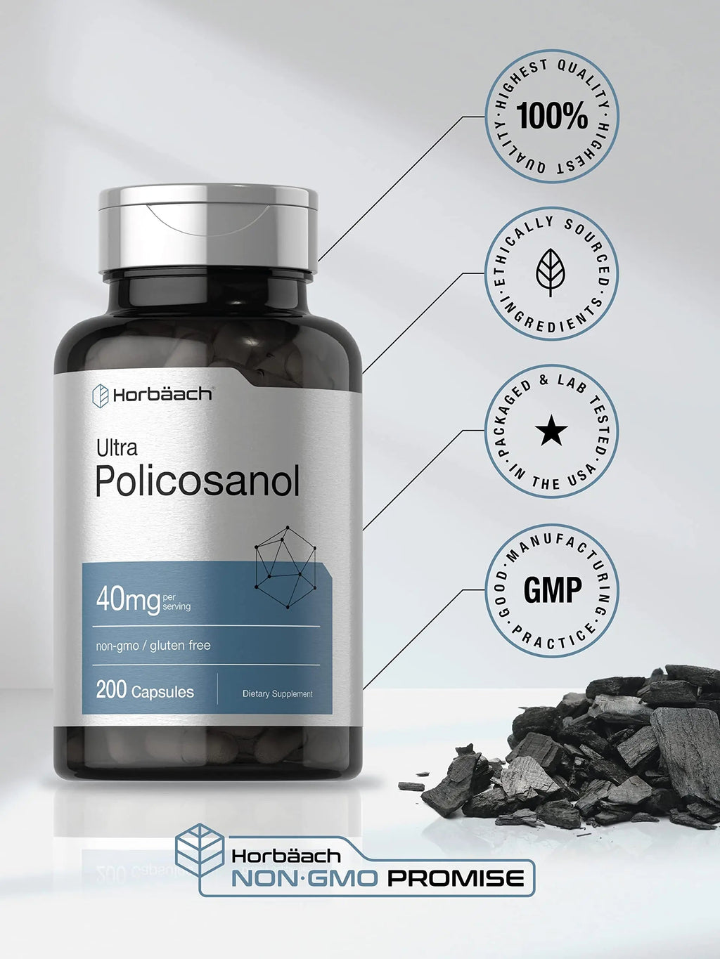 Policosanol 40mg | 200 Capsules | Non-GMO and Gluten Free | by Horbaach Horbäach Au supplements