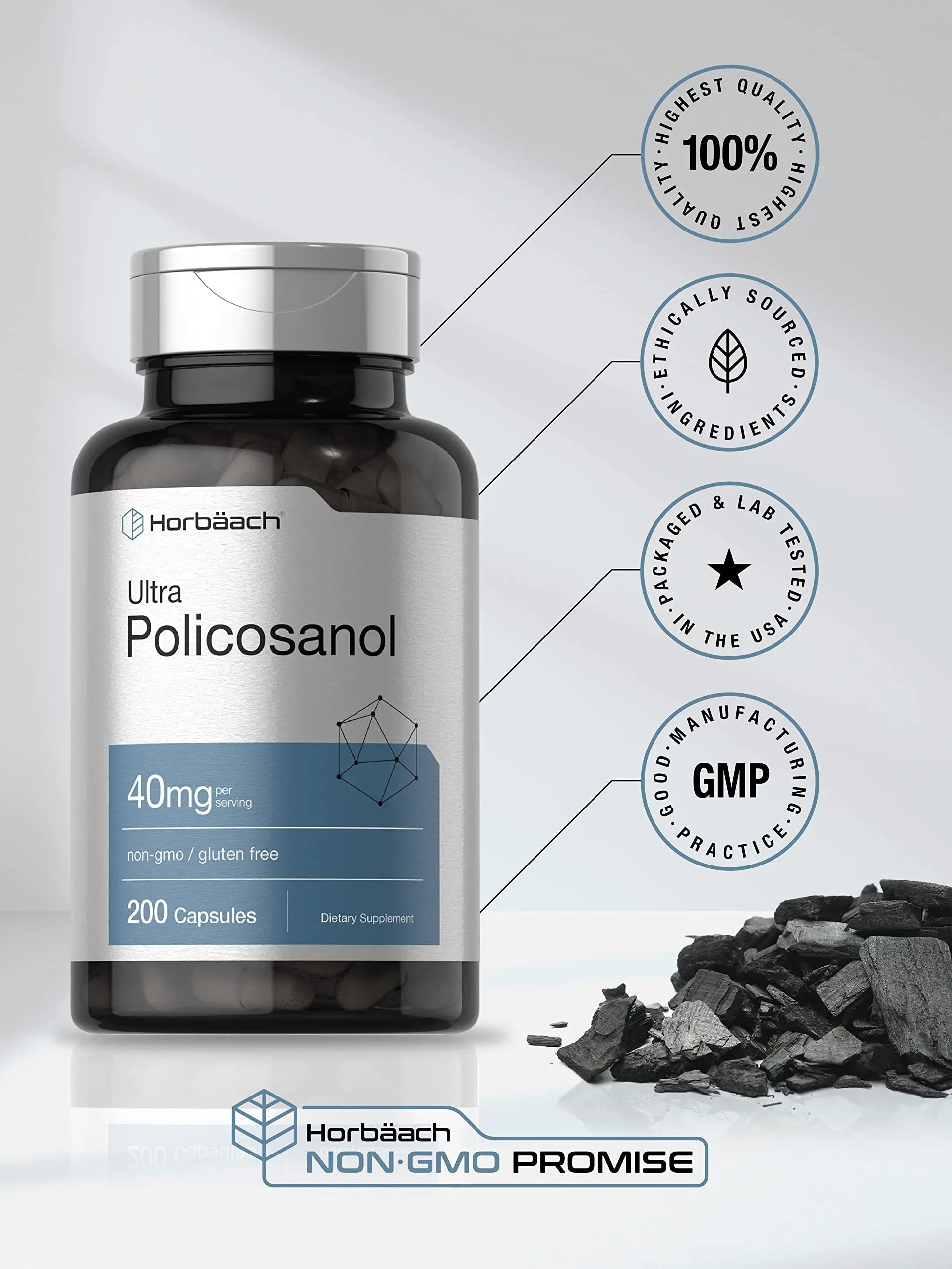 Policosanol 40mg | 200 Capsules | Non-GMO and Gluten Free | by Horbaach Horbäach Au supplements
