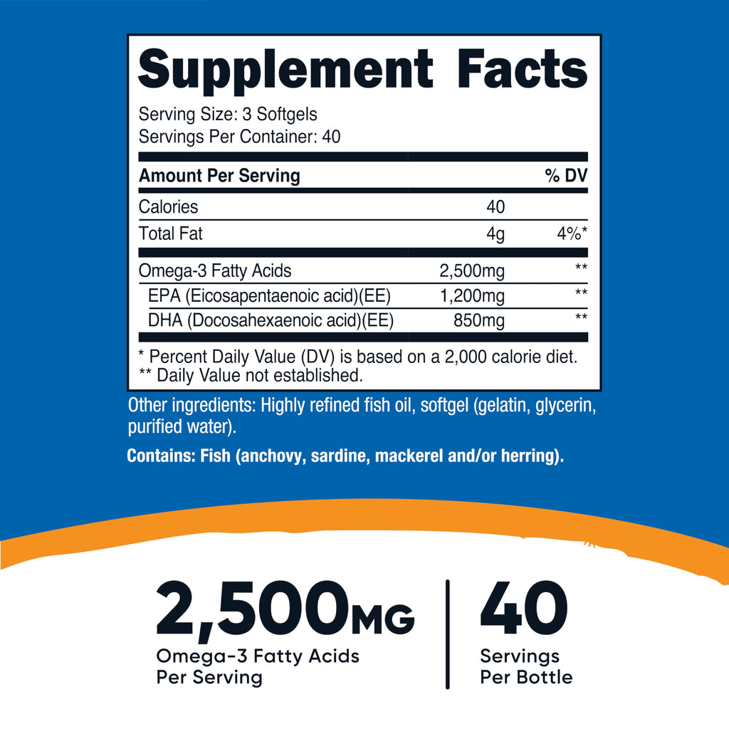 Nutricost Omega 3 Fish Oil - 2500MG, 120 Softgels (40 Serv) - Fish Oil, Wild Caught! 1200mg EPA 850mg DHA