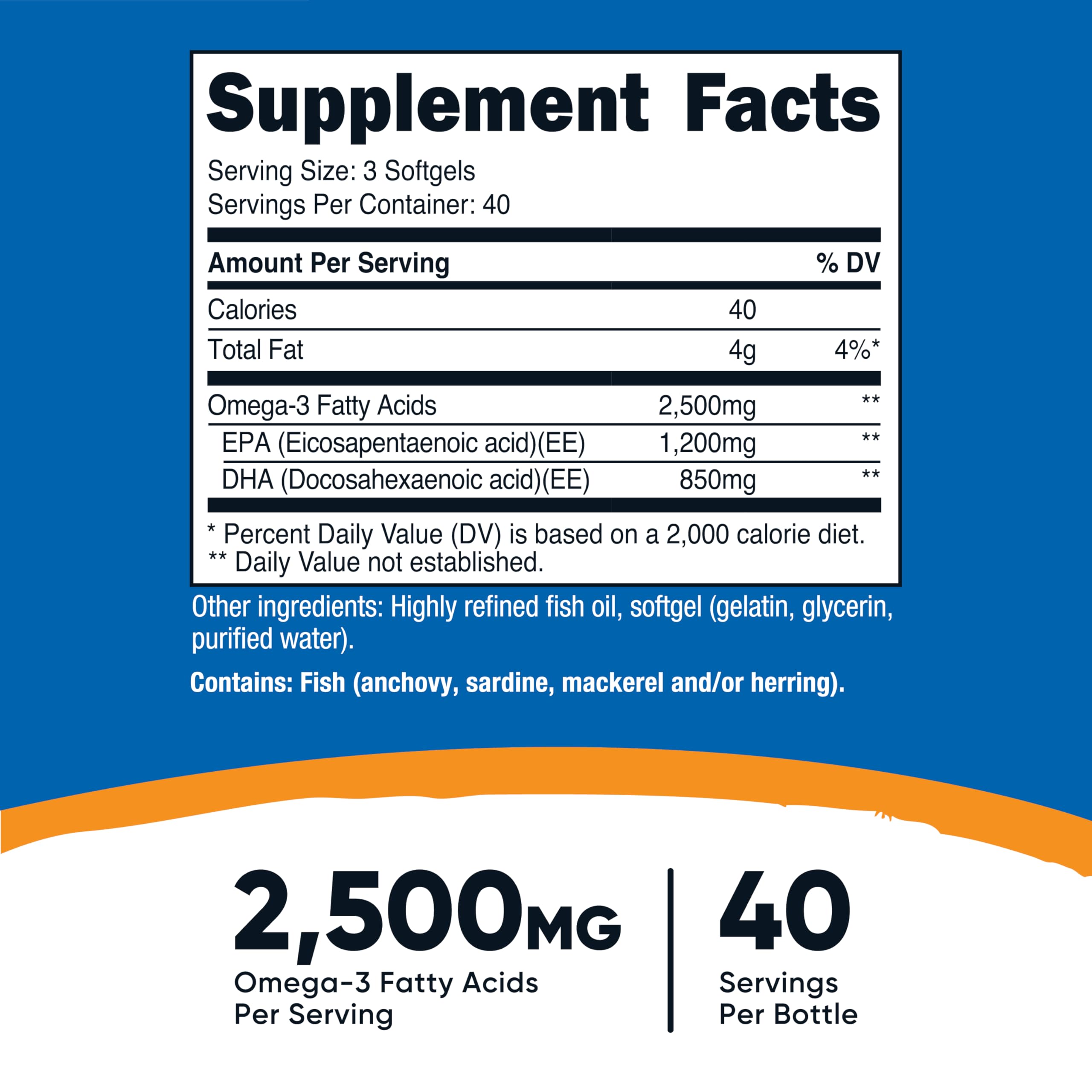 Nutricost Omega 3 Fish Oil - 2500MG, 120 Softgels (40 Serv) - Fish Oil, Wild Caught! 1200mg EPA 850mg DHA