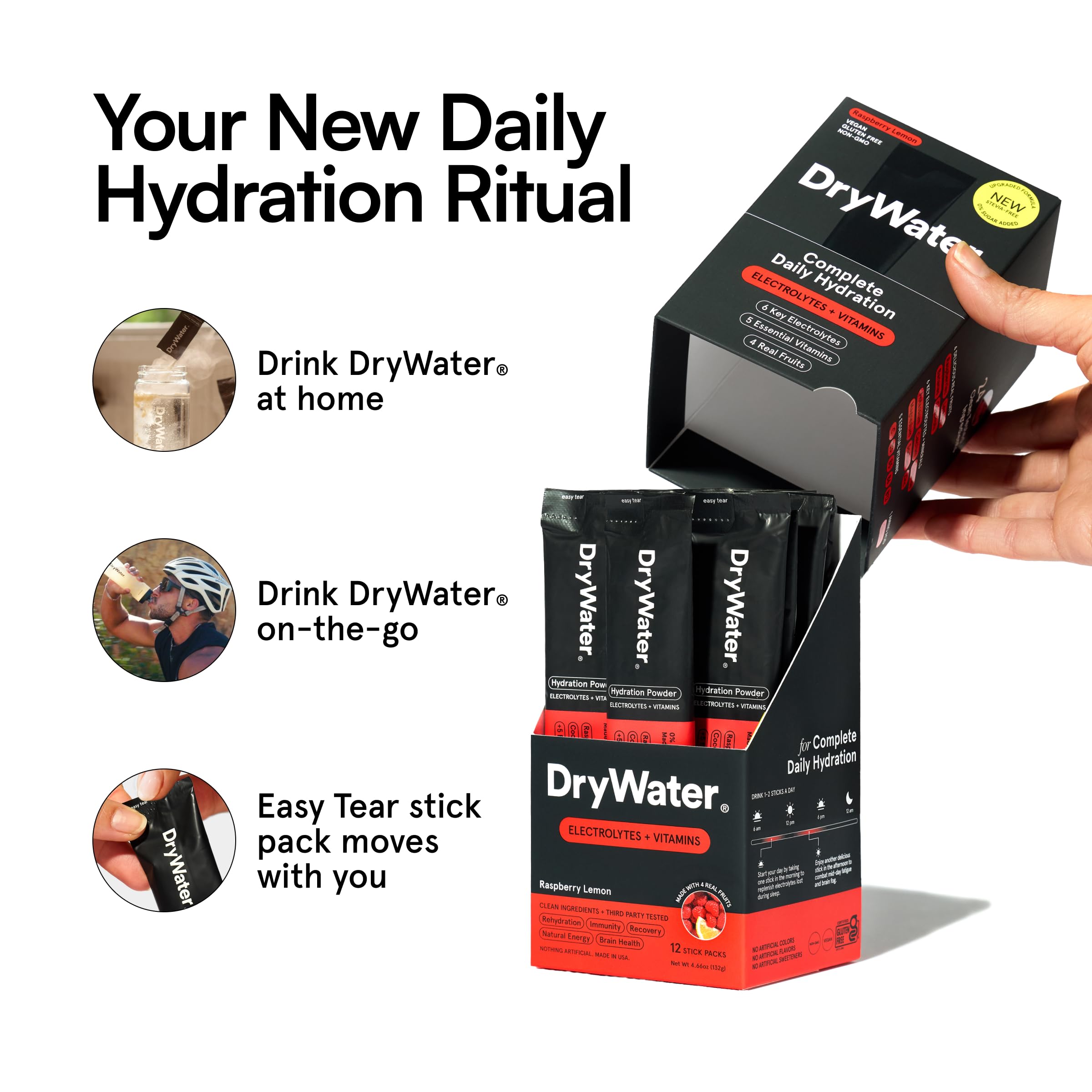 DryWater Electrolyte Powder Packets, Raspberry Lemon - Stevia-Free Hydration Packets Drink Mix with Zero Added Sugar for Rehydration & Energy - 6 Key Electrolytes