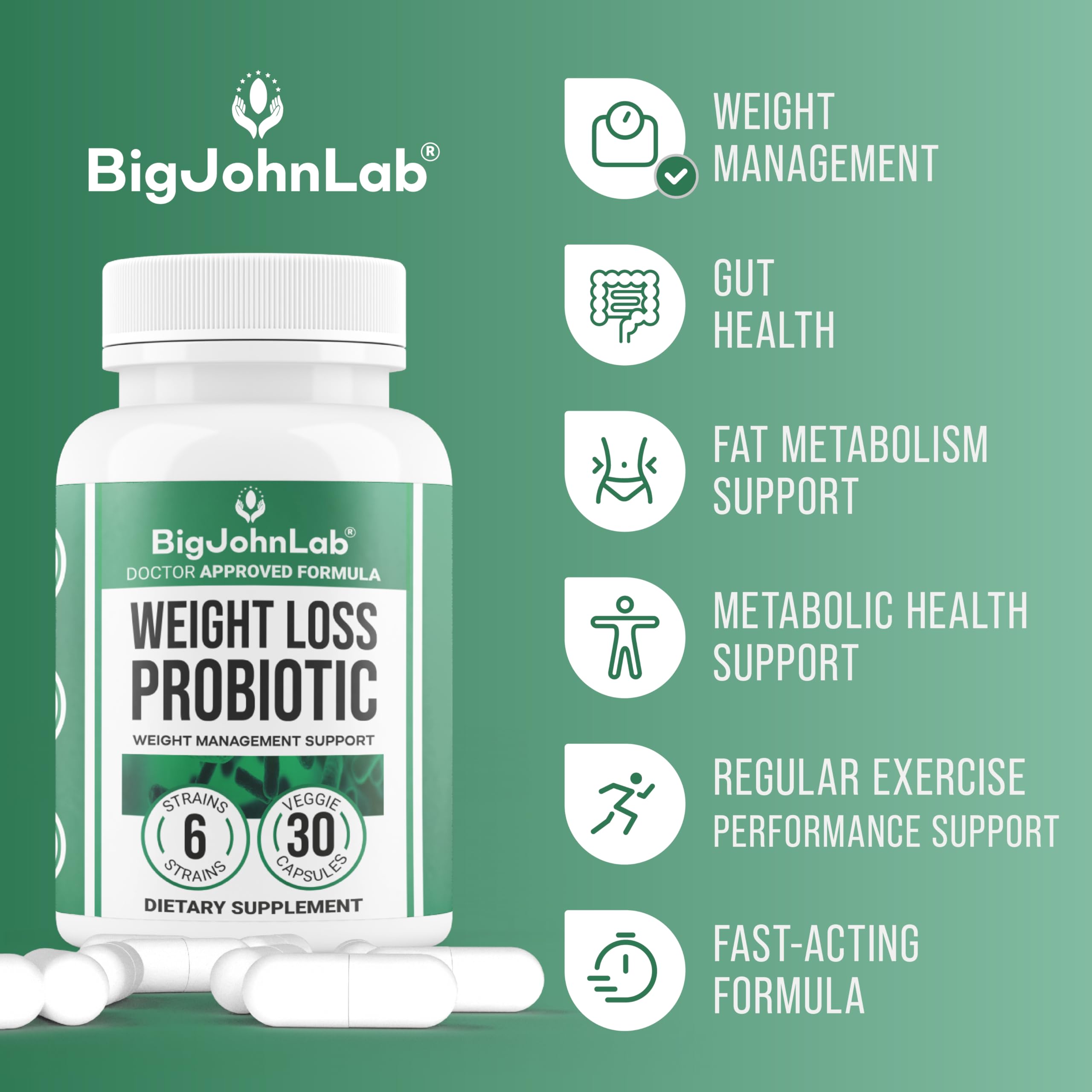 BIGJOHNLAB® - Probiotics for Weight Management & Bloating - 6 Probiotic Strains - Prebiotics - Key Ingredient Cayenne & Green Tea - Supports Gut Health - Weight Management for Women & Men - 30 CT BIGJOHNLAB Au supplements